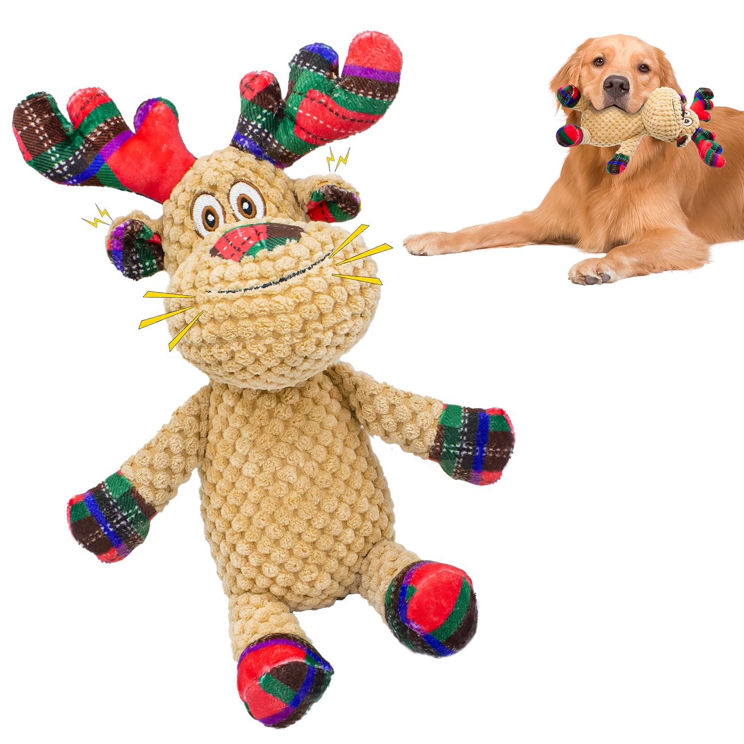 Juguetes chirriantes de Navidad para perros, juguetes interactivos de peluche para perros pequeños y medianos, adecuados para entrenar y reducir el aburrimiento y la ansiedad (reno)