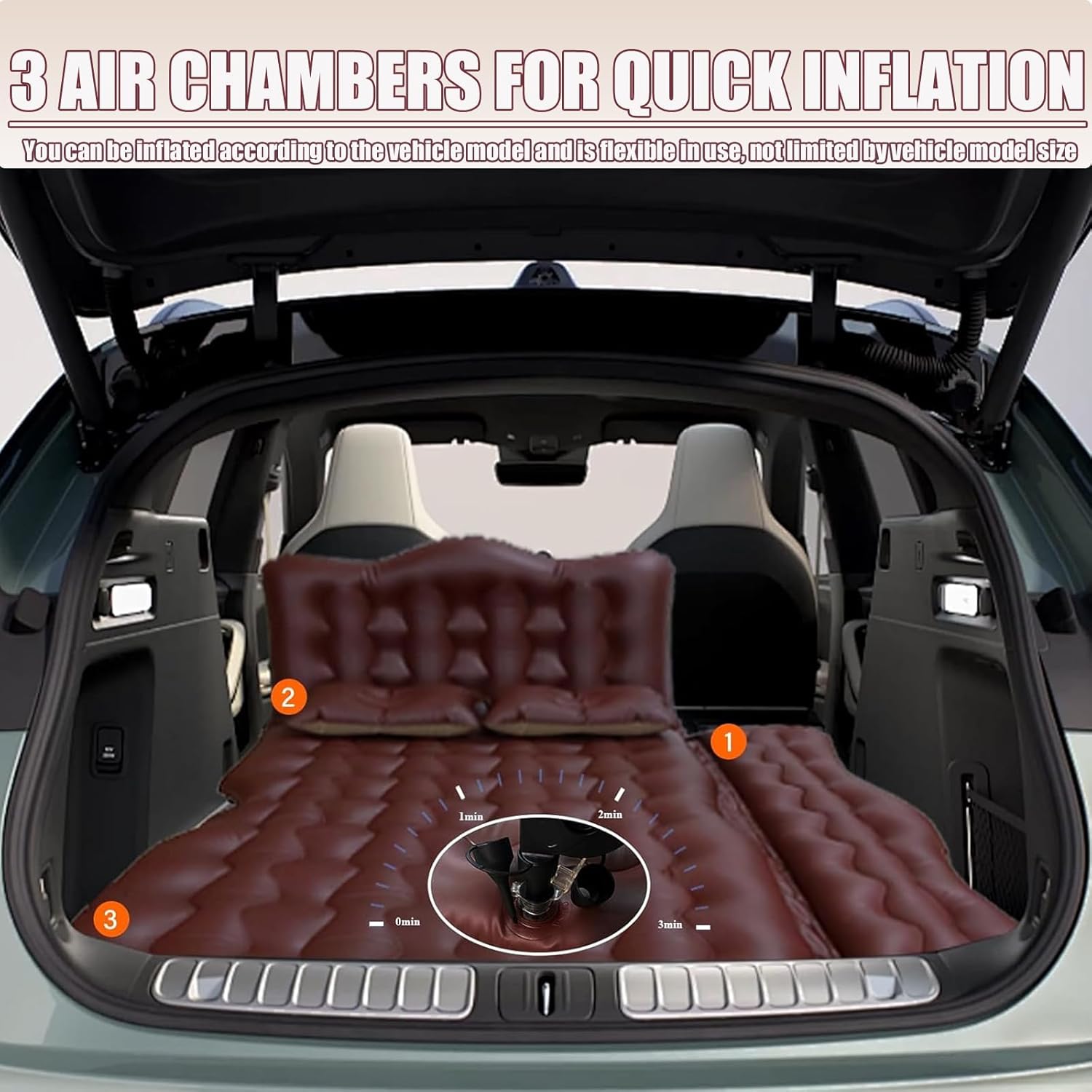 SUV Air Mattress for Back Seat – Inflatable Car Bed Backseat Mattress with 2 Pillows Thickened Portable Sleeping Pad Fits Most SUVs/Trucks for Travel, Home, RV – Soft Flocking + PVC Surface (Brown)