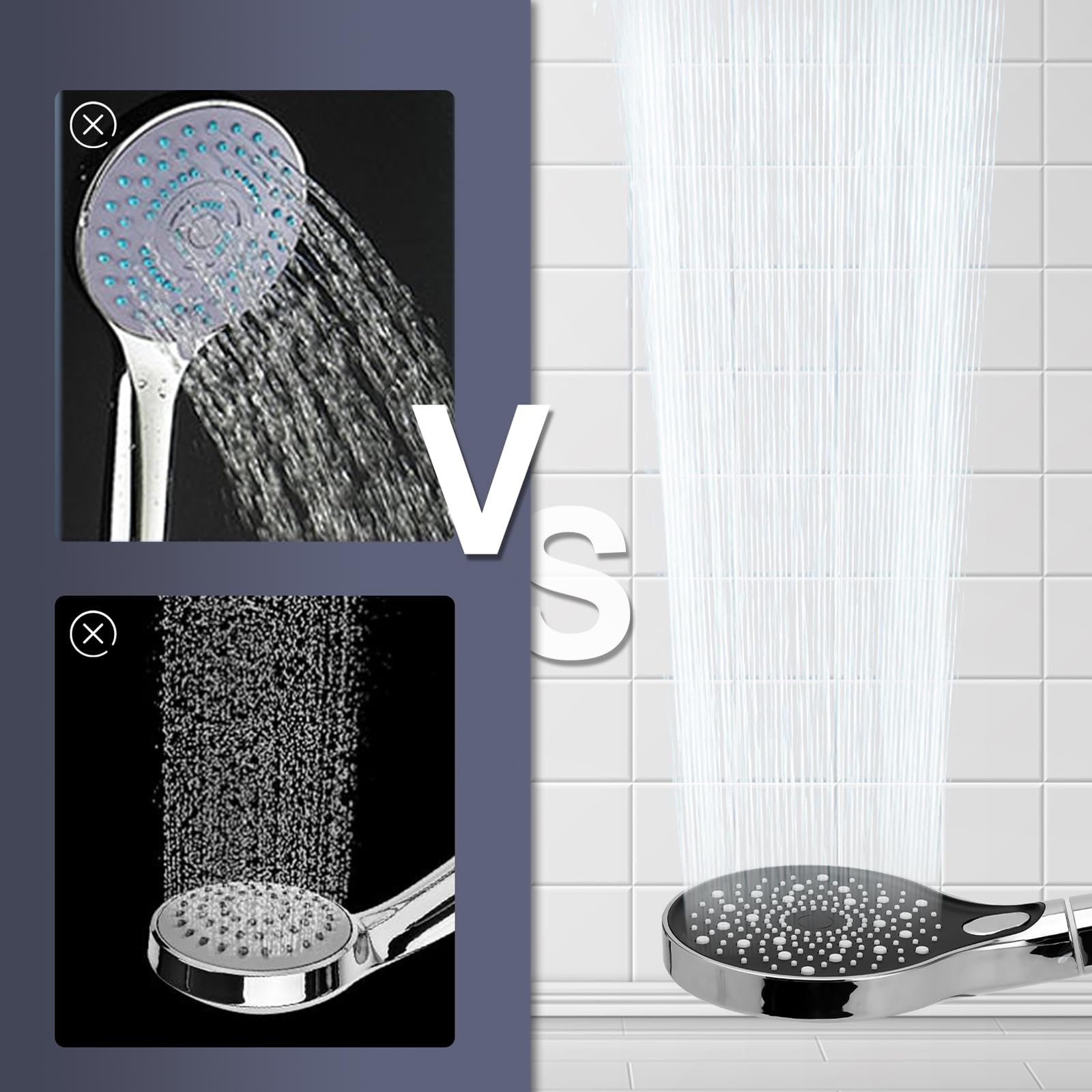 Soffione Doccia Anticalcare Con Tubo 1.5m - 3 Modalit&agrave;, Pannello 12.5cm, Alta Pressione, Argento