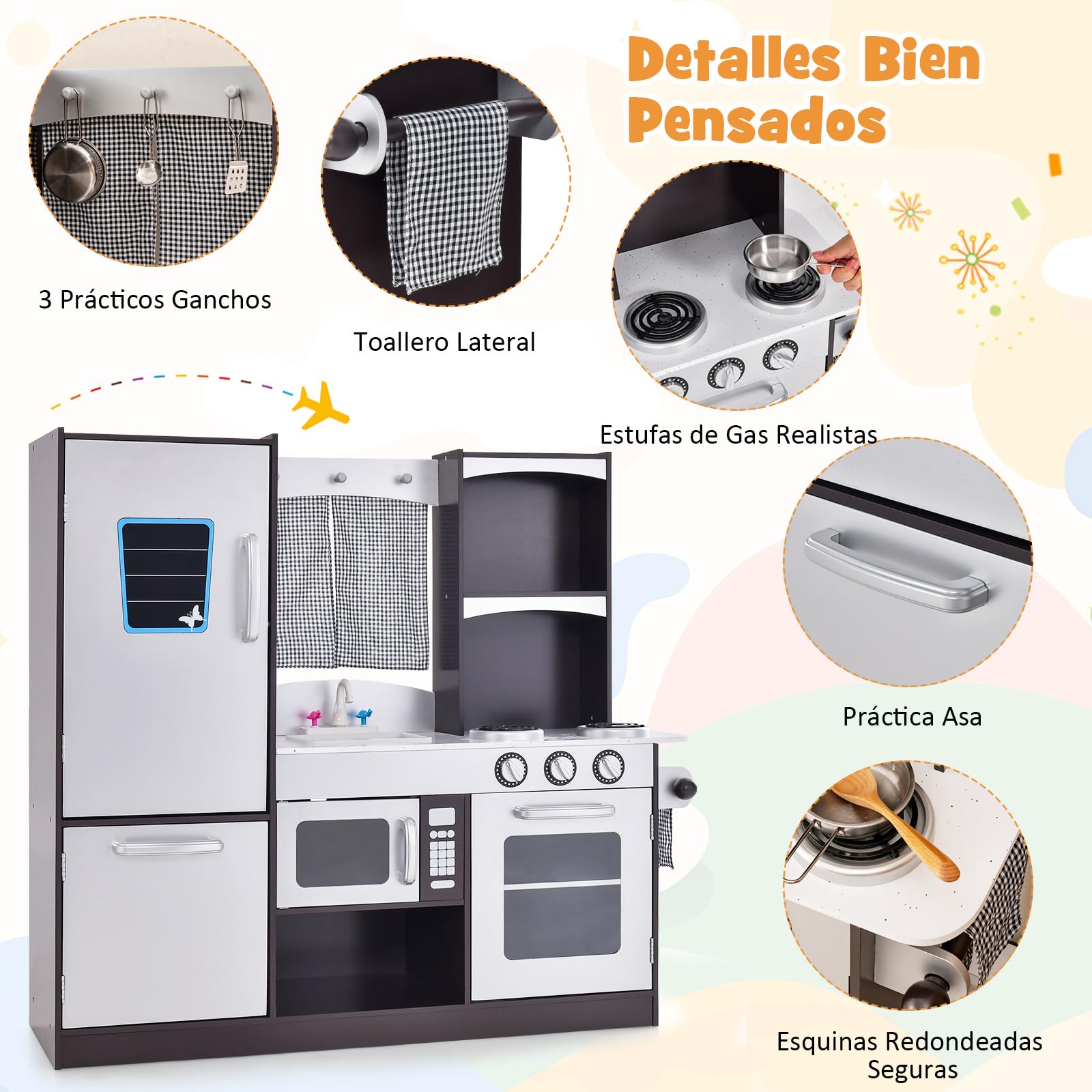 COSTWAY Cocina de Juguete de Madera con Accesorios, Juego de Cocina con Refrigerador, Microondas, Horno,Pizarra, Estufa,Grifo y Fregadero de Juguete, Cocina Infantil para Niños y Niñas de 3+ Años