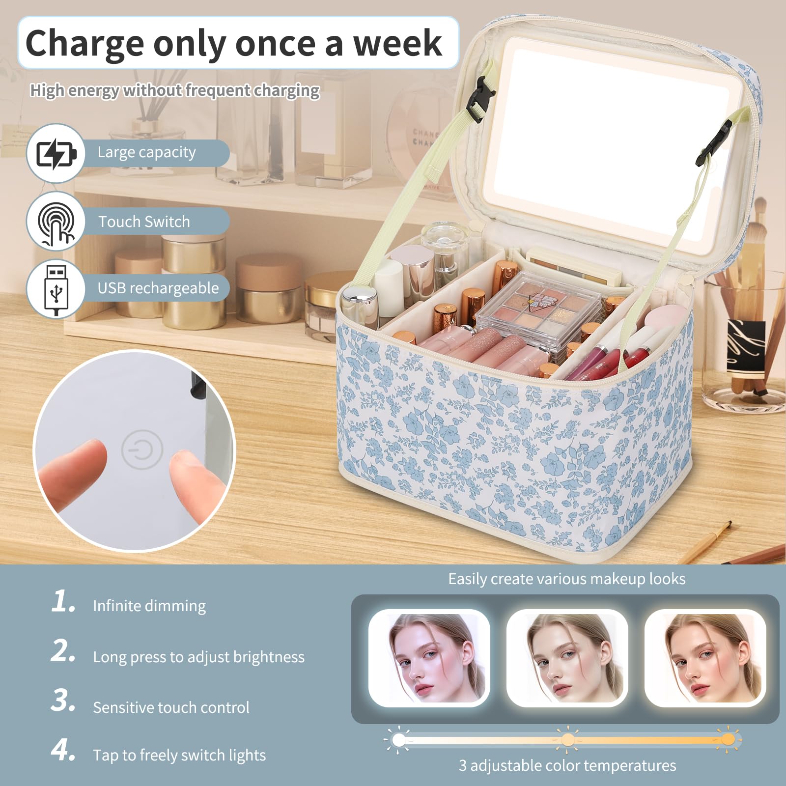 Makeup Bag with LED Mirror, 3-Color Light Travel Cosmetic Organizer
