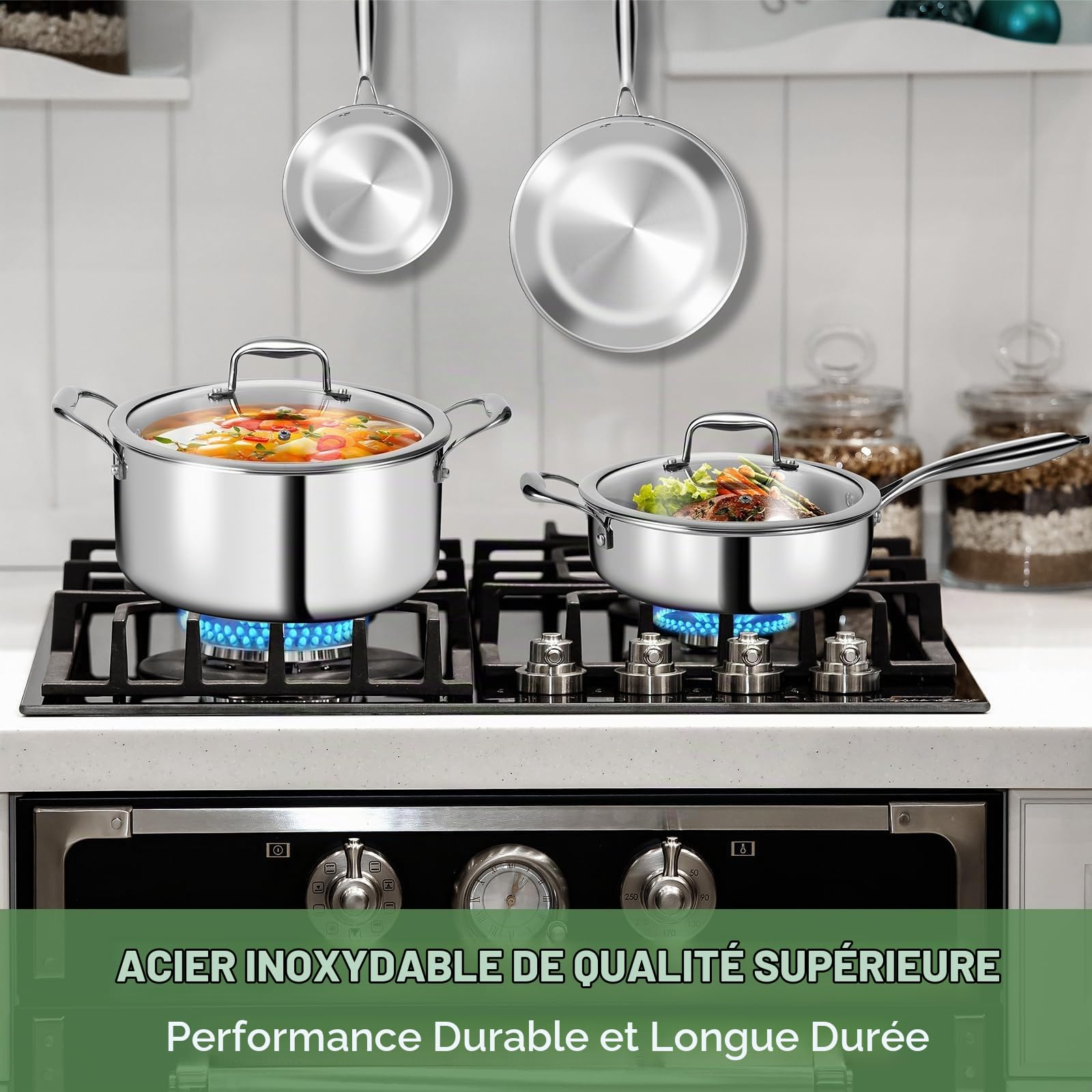 Ensemble de casseroles et poêles en acier inoxydable 3 plis – Batterie de cuisine 11 pièces avec couvercles en verre – Ensemble de casseroles et poêles à induction – Passe au four, sans PFOA, PTFE et