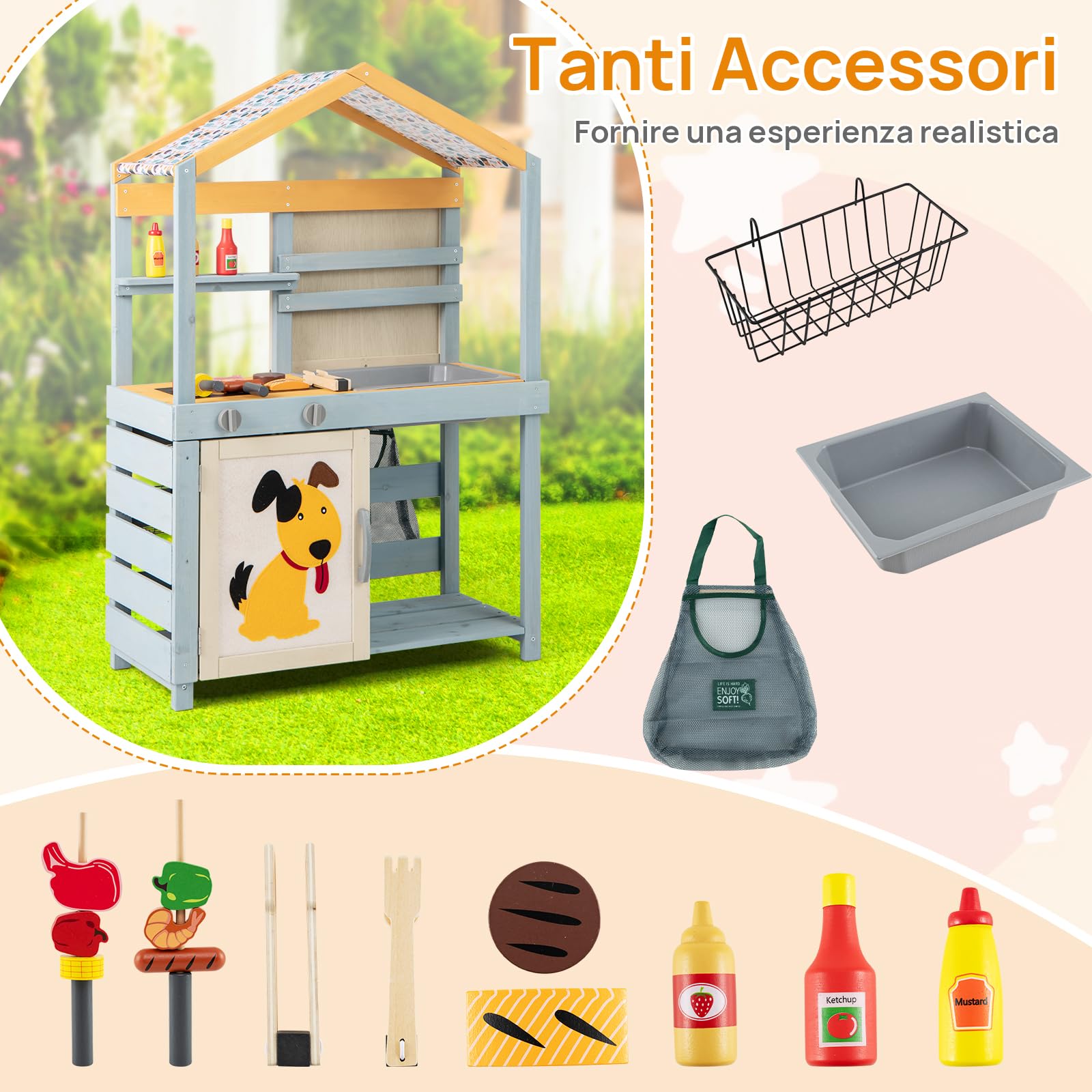 RELAX4LIFE 3 in 1 Cucina Giocattolo per Bambini in Legno, Set di Grill per Barbecue con Griglia, Forno e Lavagna, Gioco Negozio con 12 Accessori, 75 x 34 x 111 cm