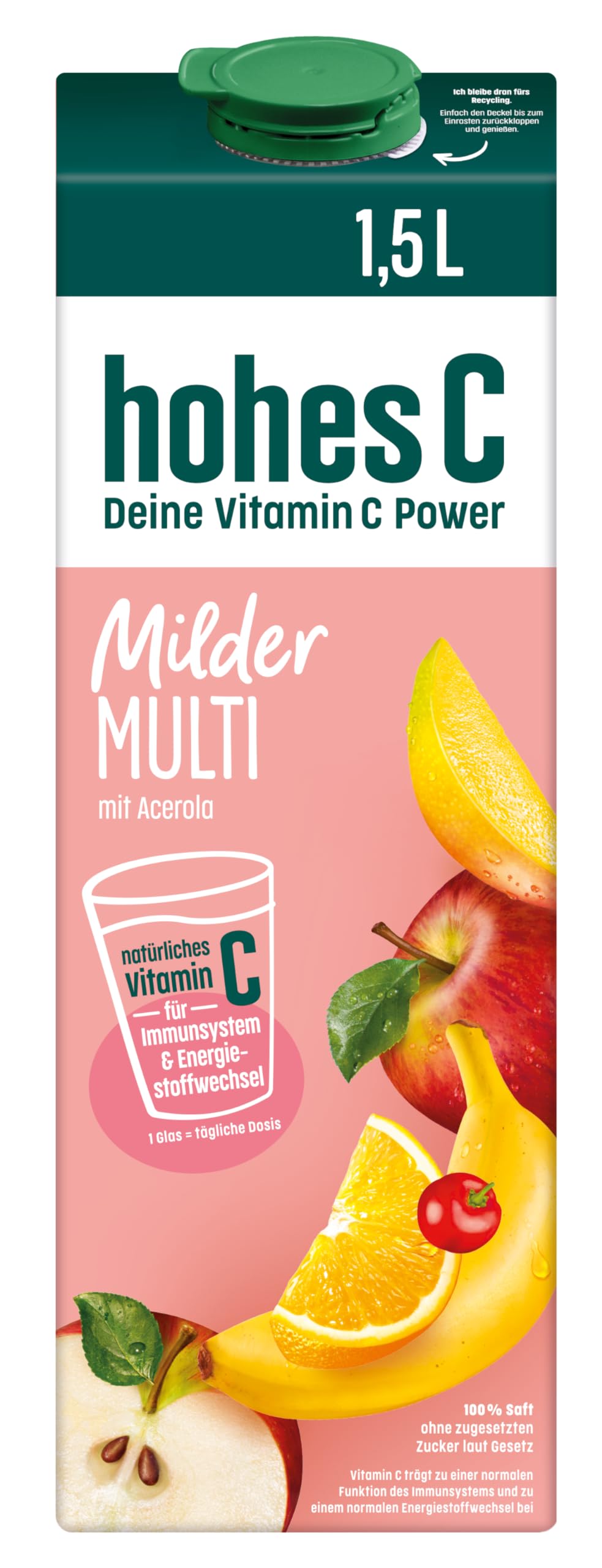 hohes C Milder Multivitamin (1 x 1,5l), 100% Saft, Apfel, Orange, Acerola, Mango, 7 Vitamine, ohne Zuckerzusatz laut Gesetz, weniger Säure, vegan