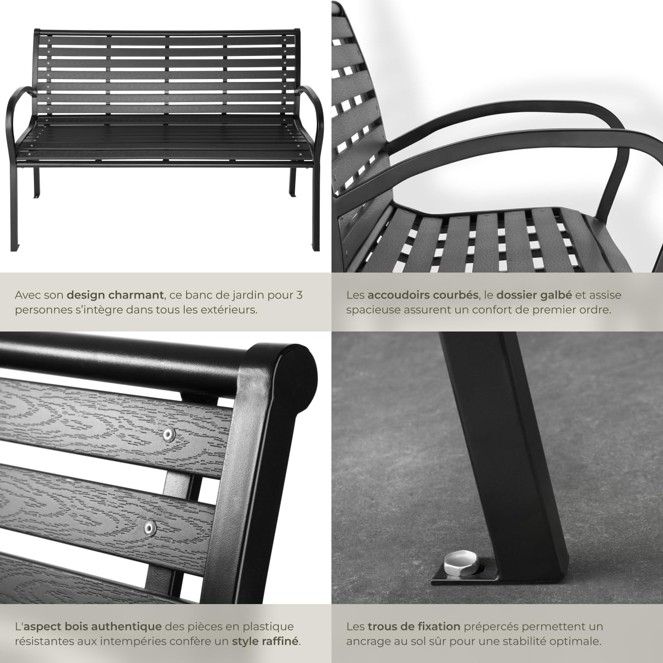 tectake® Banc de Jardin Solide en Bois Naturel laqué et Acier, Banquette de Jardin Banc Noir Résistant aux intempéries, Mobilier pour Amenagement Balcon Terrasse Veranda Pergola