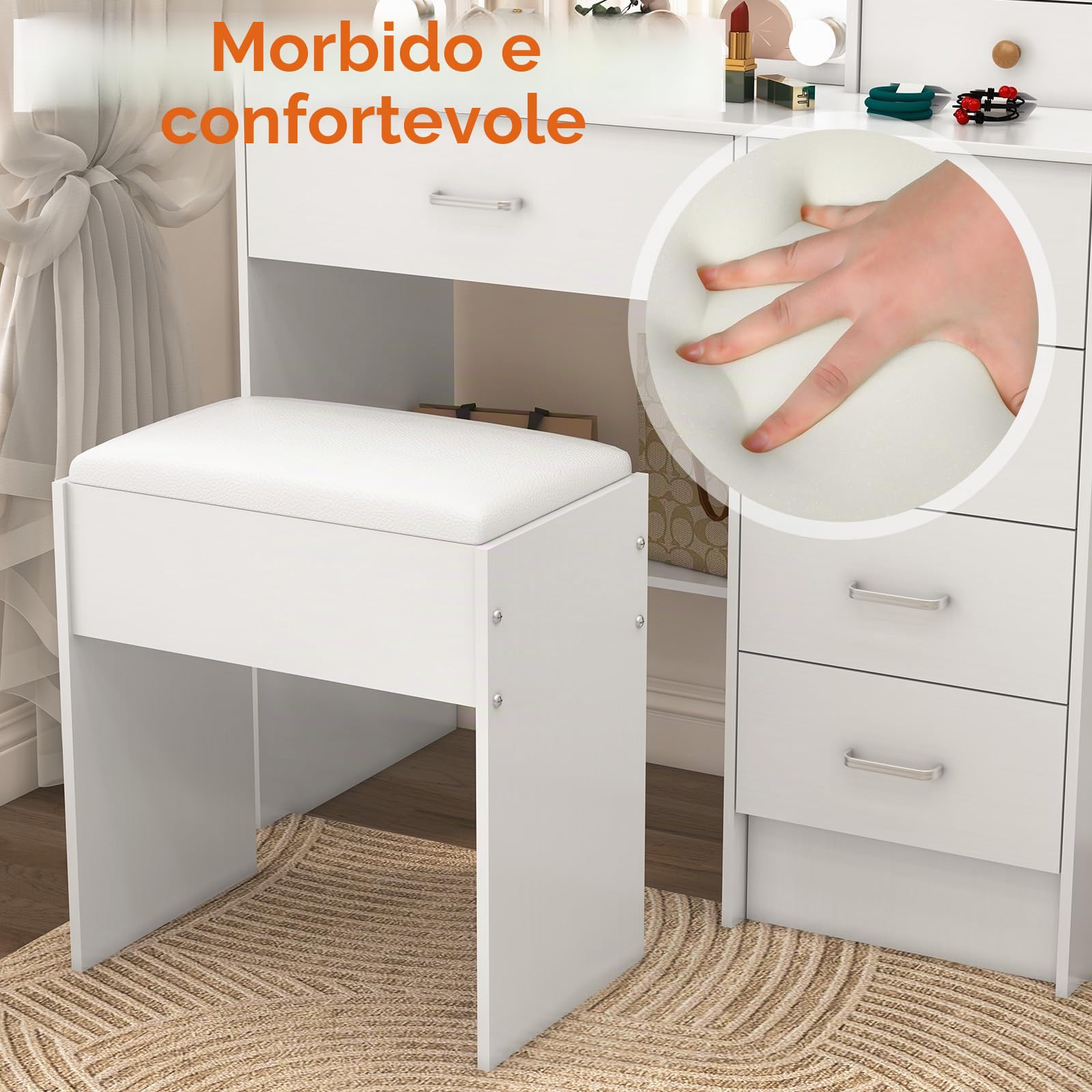 Sgabello da Toeletta Moderno in Legno, Bianco, 43 x 40 x 24 cm, per Camera da Letto