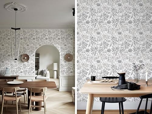 Miniatura 10 de JiffDiff Papel tapiz floral en blanco y negro diseño de peonías removibles despegar y pegar papel tapiz floral con bocetos autoadhesivo prepegado
