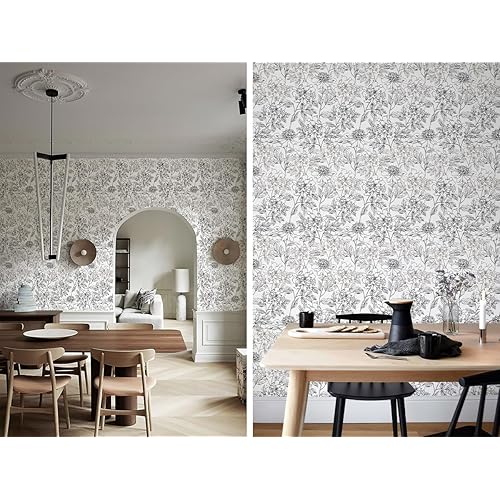 JiffDiff Floral Wallpaper Black & White Peel and Stick Vintage Peony Wall Paper Sketched Floral Self-Adhesive Prepasted Wall Decor Contact Paper Covering 30sq.ft 17.3" X 236.22"