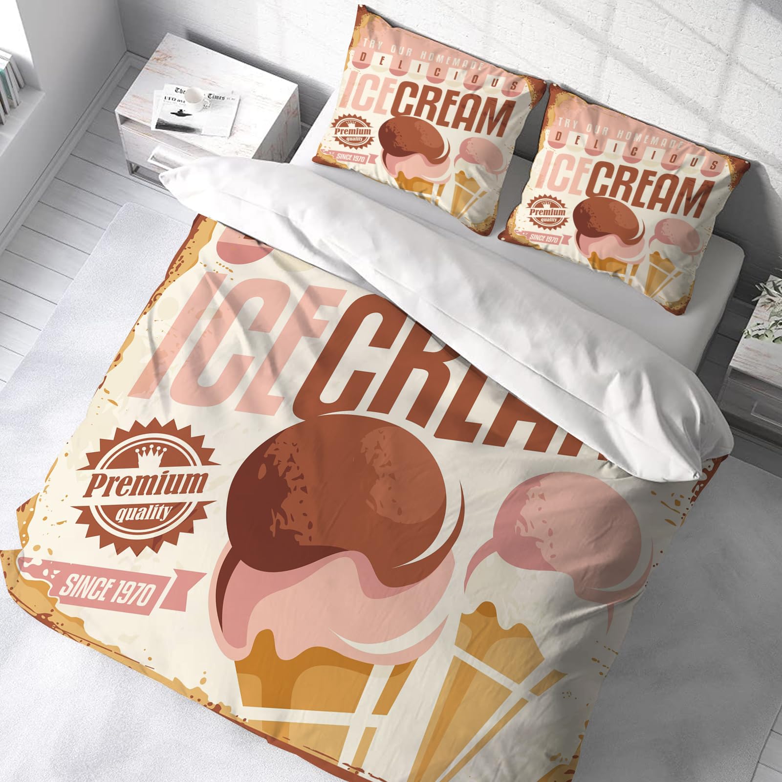 Ropa de Cama Cubierta de Conjunto elaborado en algodón 100%.,Especialmente Adecuado para hipoalérgicos,Concepto de diseño de Letrero de hojalata de Helado Retro. Cartel promocion,228x264cm