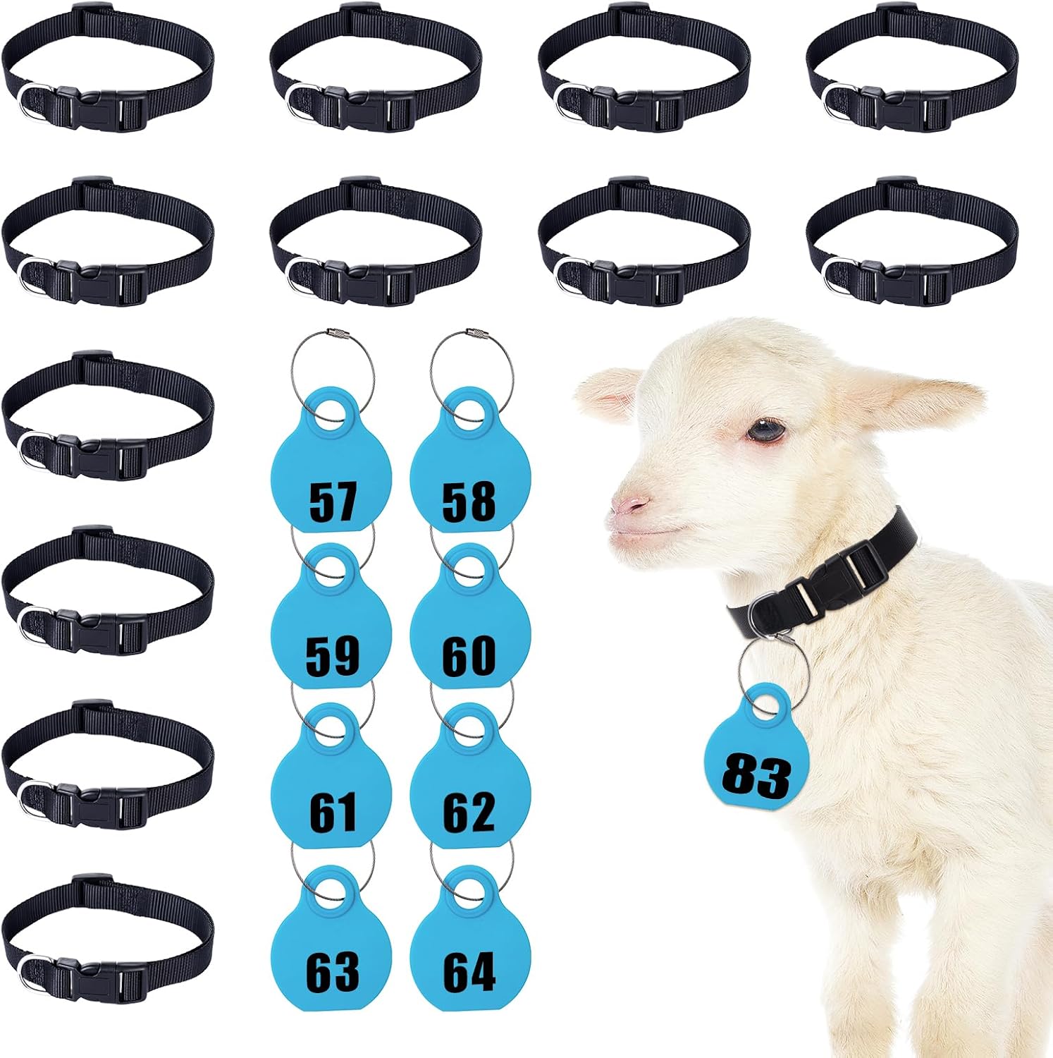 28 Pack Goat Collar with Number Tag Adjustable Nylon Sheep Collar Set Pet Livestock Plastic ID Number Tags Quick-Release Buckle for Small Farm Animal Sheep Calf Goat(Blue,No.57-84)