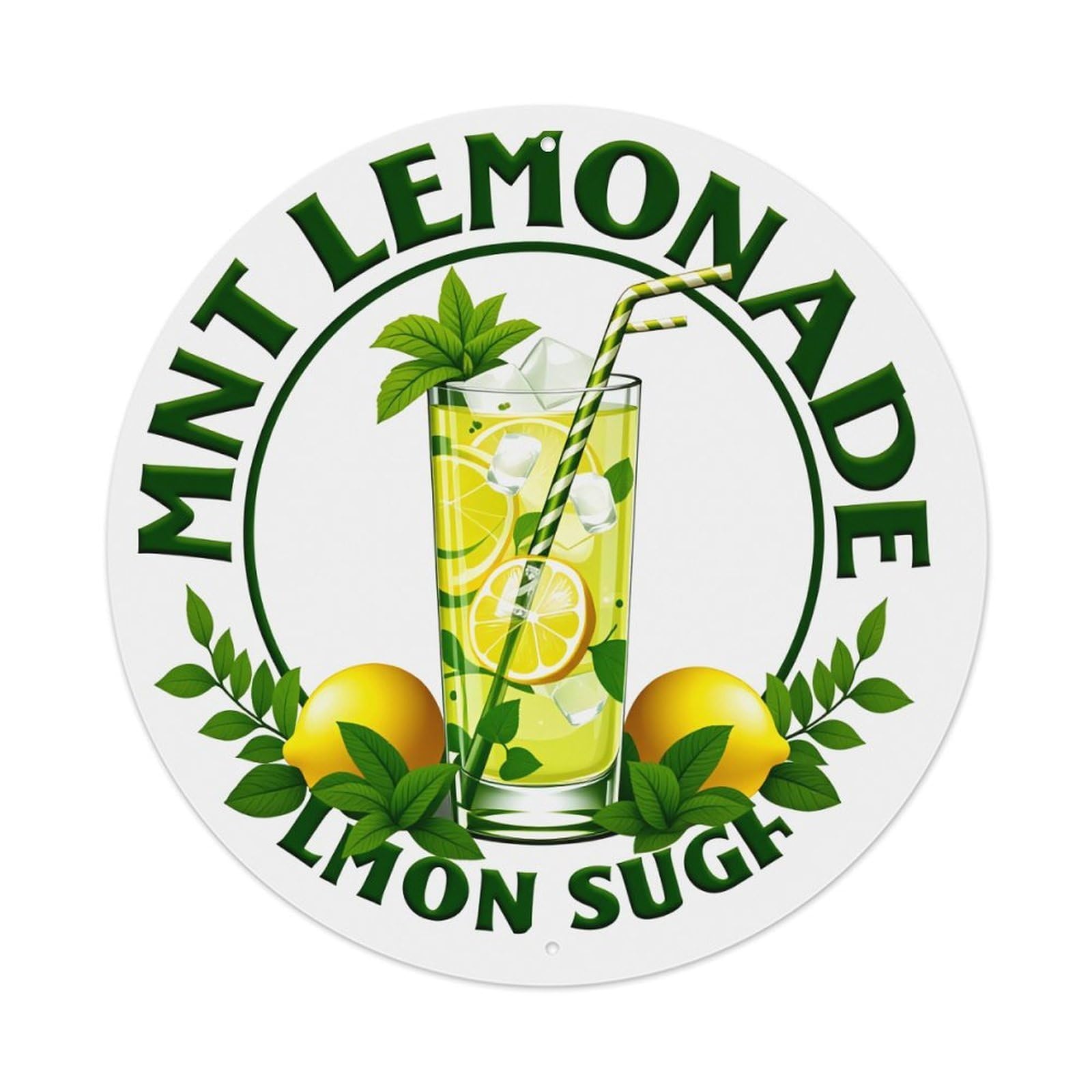 Lemonade Glass With Lemon Slices Ice And Mint Leaves Round Vintage Tin Sign,Retro Wall Art,Metal Poster for Home, Bar, Garage, Cafe, Rustic Indoor & Outdoor Decor, 8x8 Inches