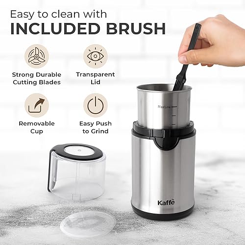 Miniatura 5 de Kaffe - Molinillo de café eléctrico con taza extraíble (3.5 onzas), acero inoxidable, cepillo de limpieza incluido, molinillo de granos de café