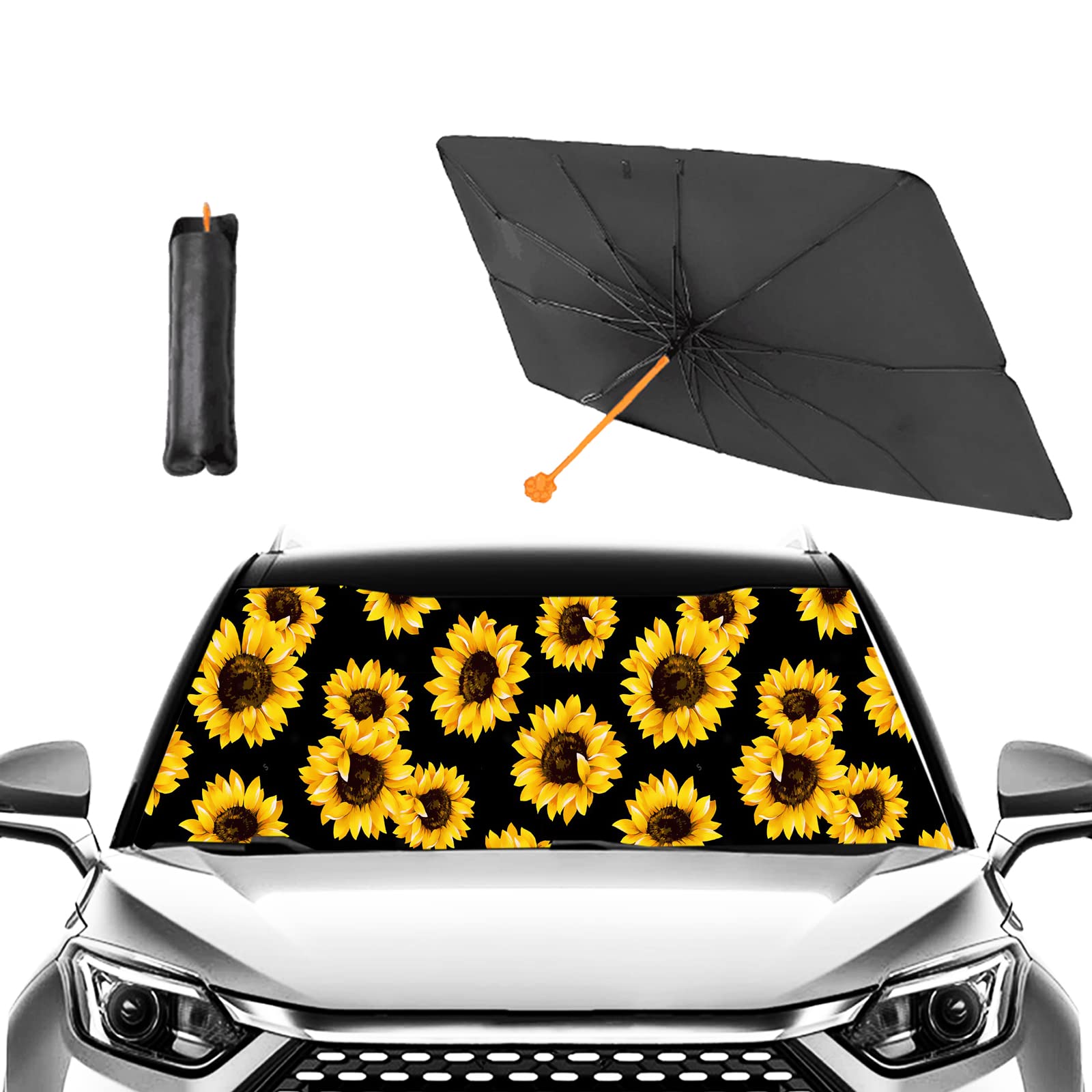 Sunflower Umbrella Sunshade for Car,Windshield Sun Shade Umbrella for Car SUV Trucks Front Window Block UV Rays Heat Keep Vehicle Cool,Foldable Umbrella Reflective Sunshade (57 x 31 in)