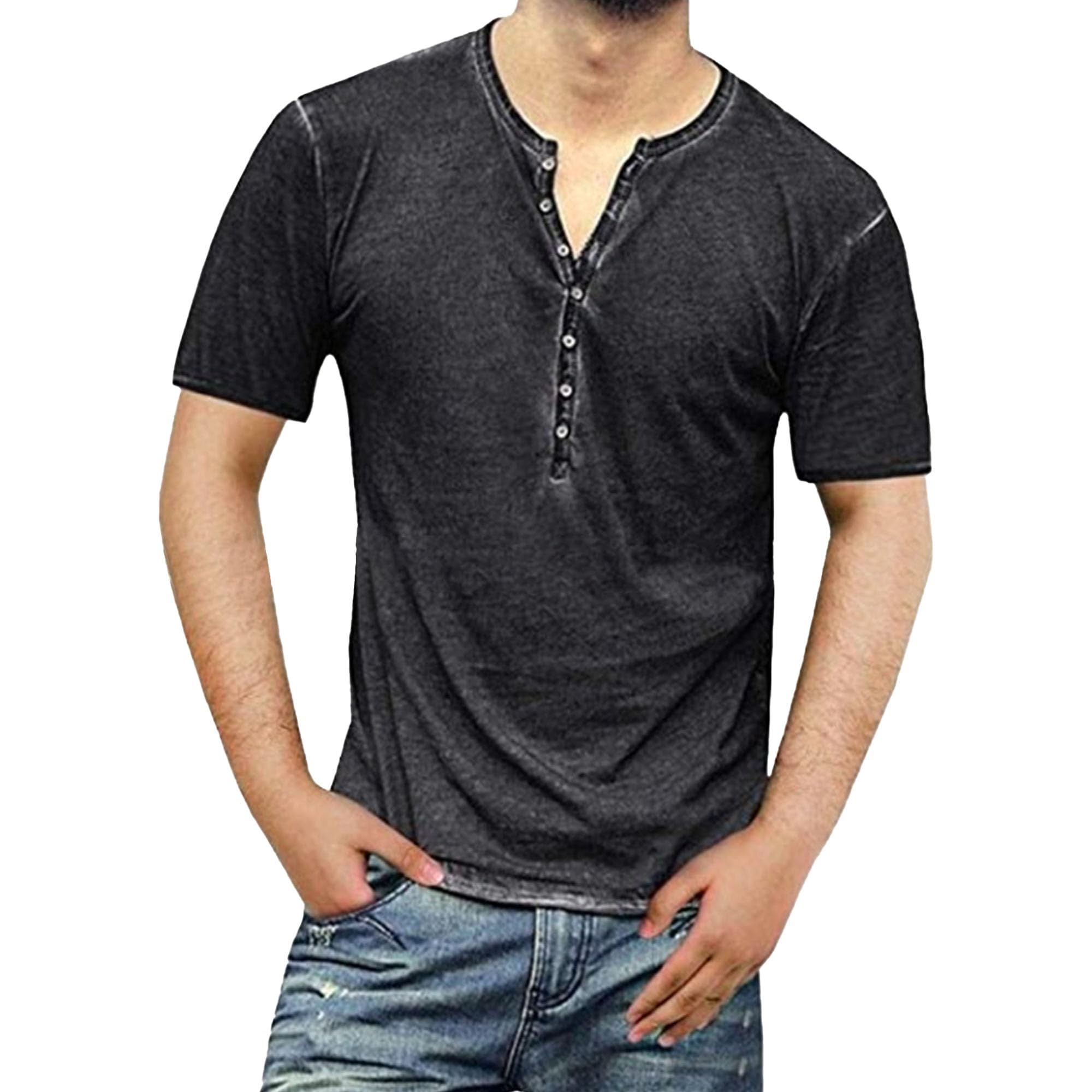 Men Distressed Small V-Neck Cardigan Tops Short Sleeve Casual Slim Henry T-Shirt Summer Quarter Button Thin Shirts (Black,3X-Large)