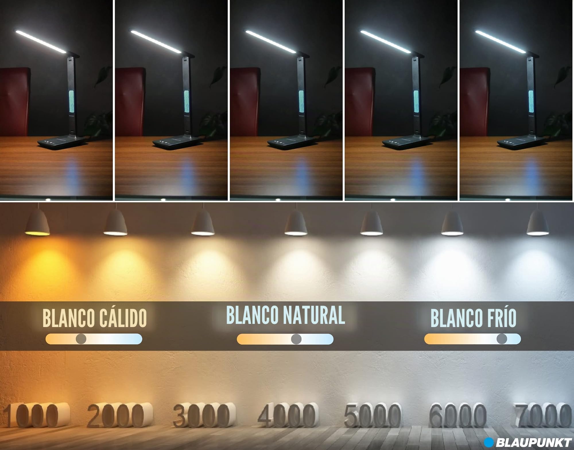 Blaupunkt Lámpara LED de Sobremesa con Cargador Inalámbrico - Puerto de Carga USB - Lámpara de Mesa Regulable con 5 Modos de Color - Brazo Ajustable - Oficina - Luz de Lectura - Pantalla LCD - Negro