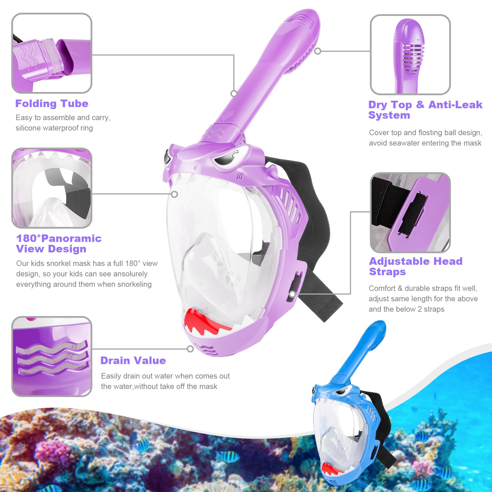Set da snorkeling per bambini, maschera da snorkeling integrale per bambini con vista panoramica a 180°, set da snorkeling per bambini con design pieghevole, anti-perdita e anti-appannamento per