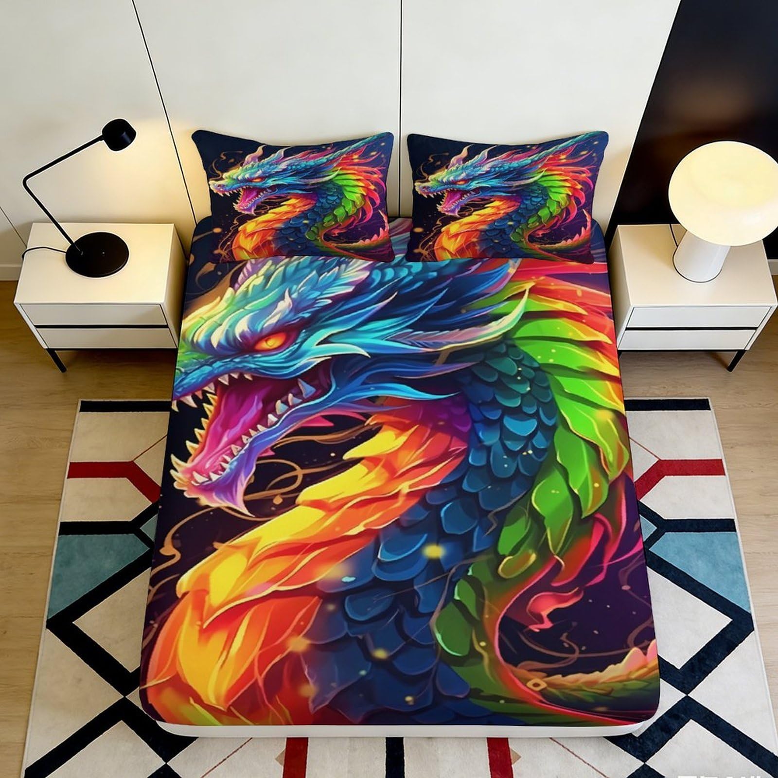 3D Printed Colorful Dragon Fitted Sheet Microfiber Soft Vibrant Fire Serpent Mattress Cover for Bedroom Decor 90x200x25cm