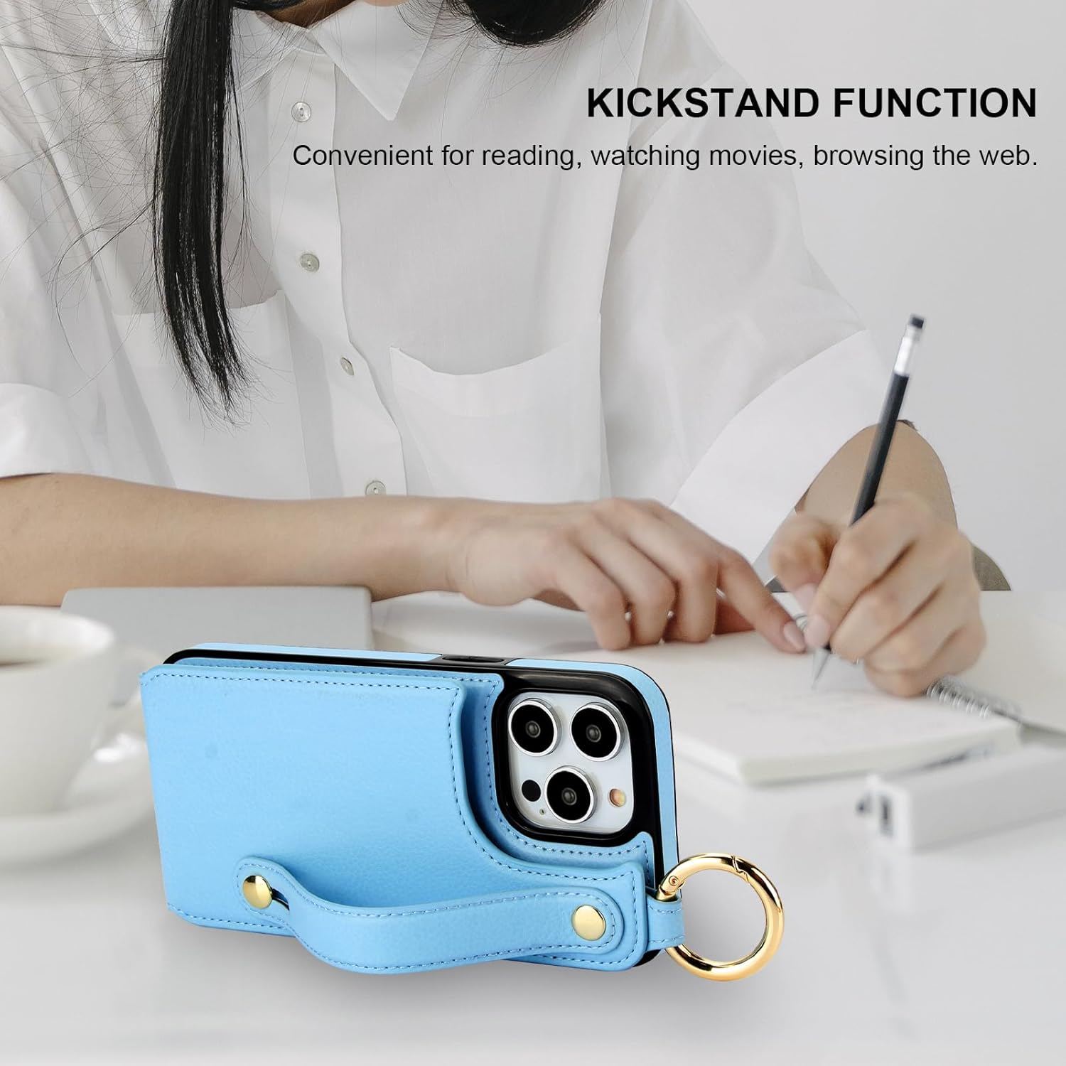 Folosu for iPhone 14 Pro Max Wallet Case with Card Holder, Hand Wrist Strap Loop Holder Kickstand, RFID Blocking Finger Grip Ring PU Leather Double Buttons Shockproof Cover 6.7" Blue