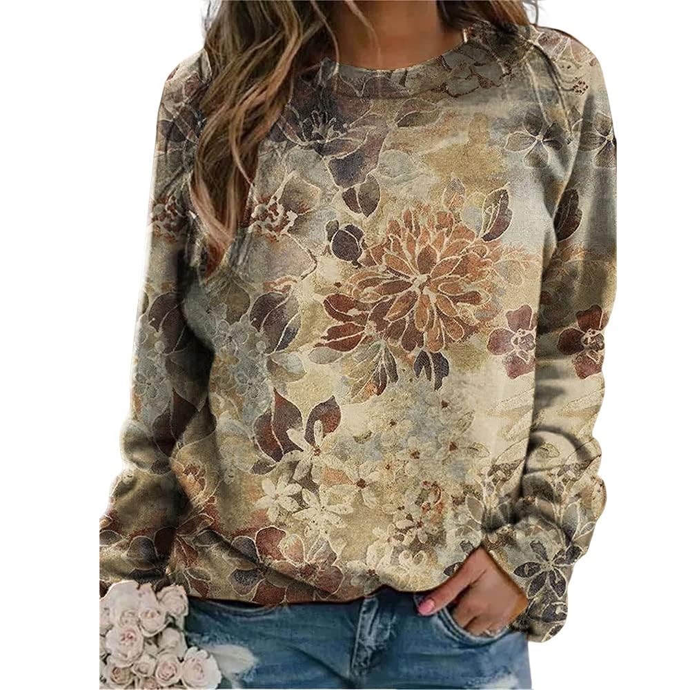 AkivideWomen's Long Sleeve Flower and Landscape Print Sweatshirt Casual Fall Loose Crewneck Pullover Tops
