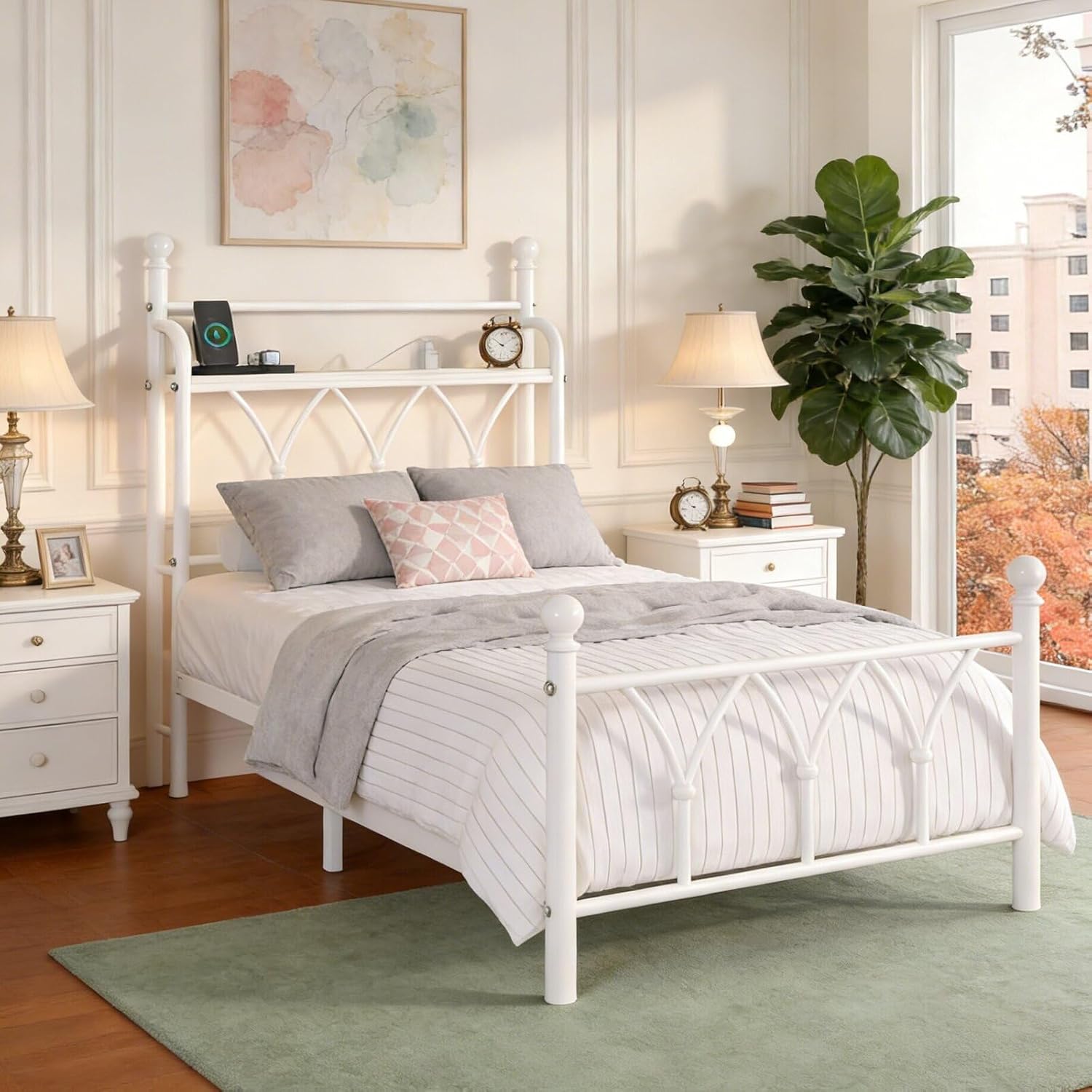 Twin Size Bed Frame with Storage Headboard and LED Light, Classic Metal Platform Bed Frame with Charging Station, Under Bed Storage, No Box Spring Needed, Noise Free, White - Image 3