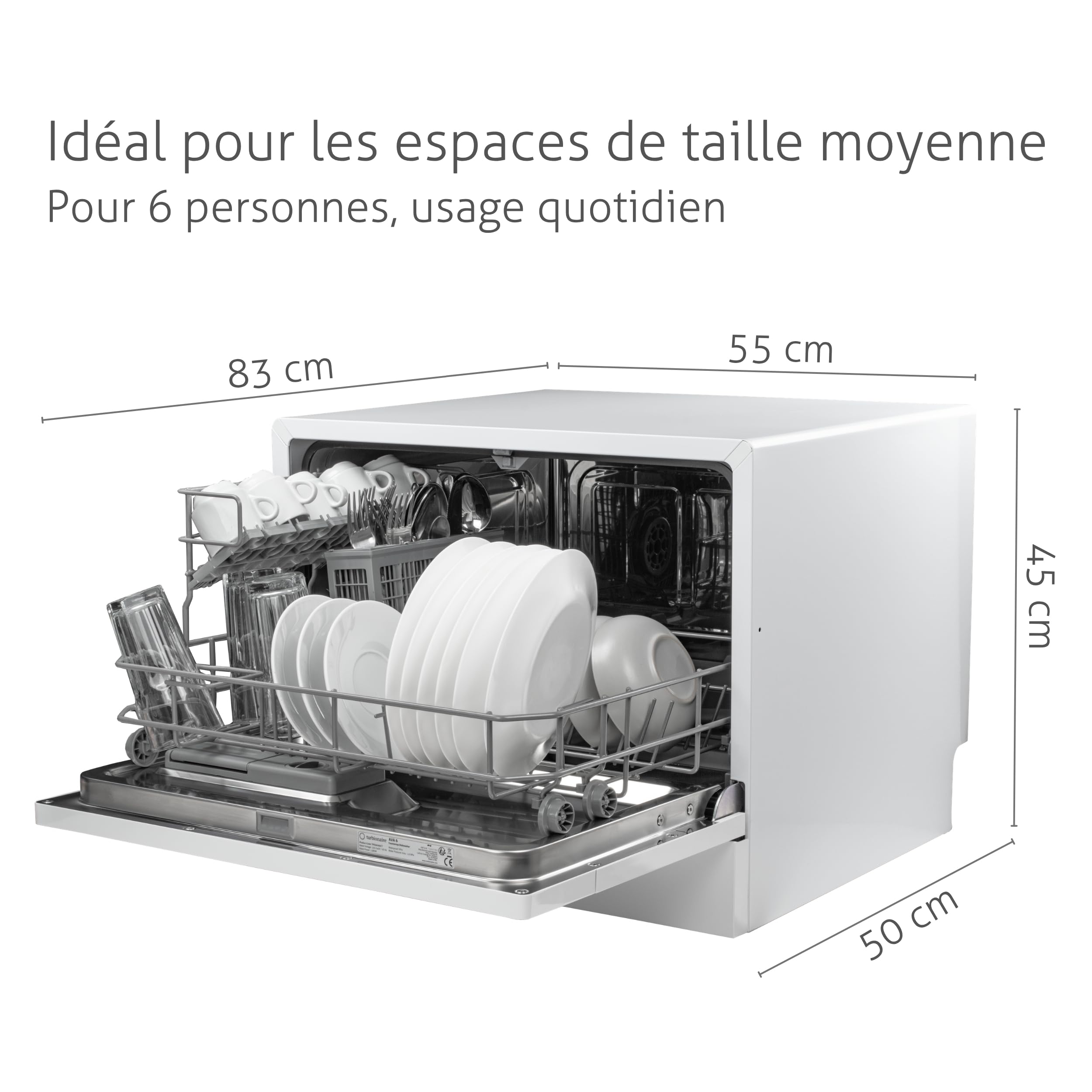 Lave-vaisselle compact Turbionaire AVA 6 TPDSAVA6CT, 6 couverts, 6 programmes, mode Éco, adoucisseur d’eau, lavage 360°, fonction Restart, 55 cm, Blanc