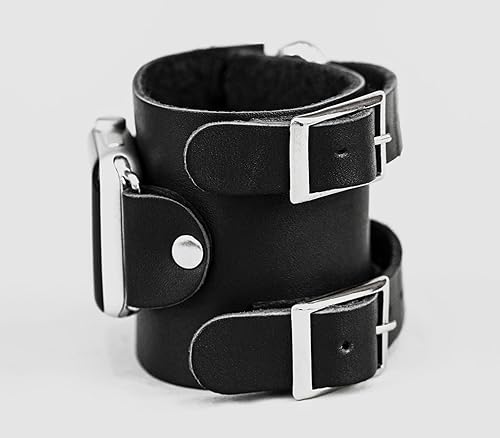 Miniatura 7 de wide Leather cuff band compatible with Apple watch 38mm 40mm 41mm 42mm 44mm 45mm 49mm, Handmade UA 1107 (black leather + steel + 5.7-6.5 in + 4445mm)