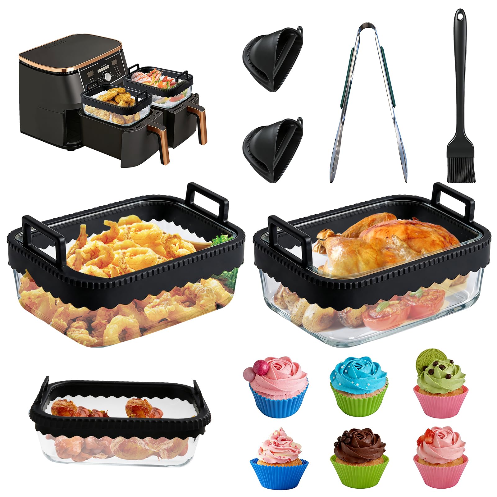 2 Stück Glas Auflaufform Airfryer Zubehör für Ninja, Spülmaschinenfest | Auflaufform Airfryer für Ninja Heißluftfritteuse AF400EU/AF500EU/DZ400EU/COSORI Heißluftfritteuse 2 Kammern, Herausnehmbarer