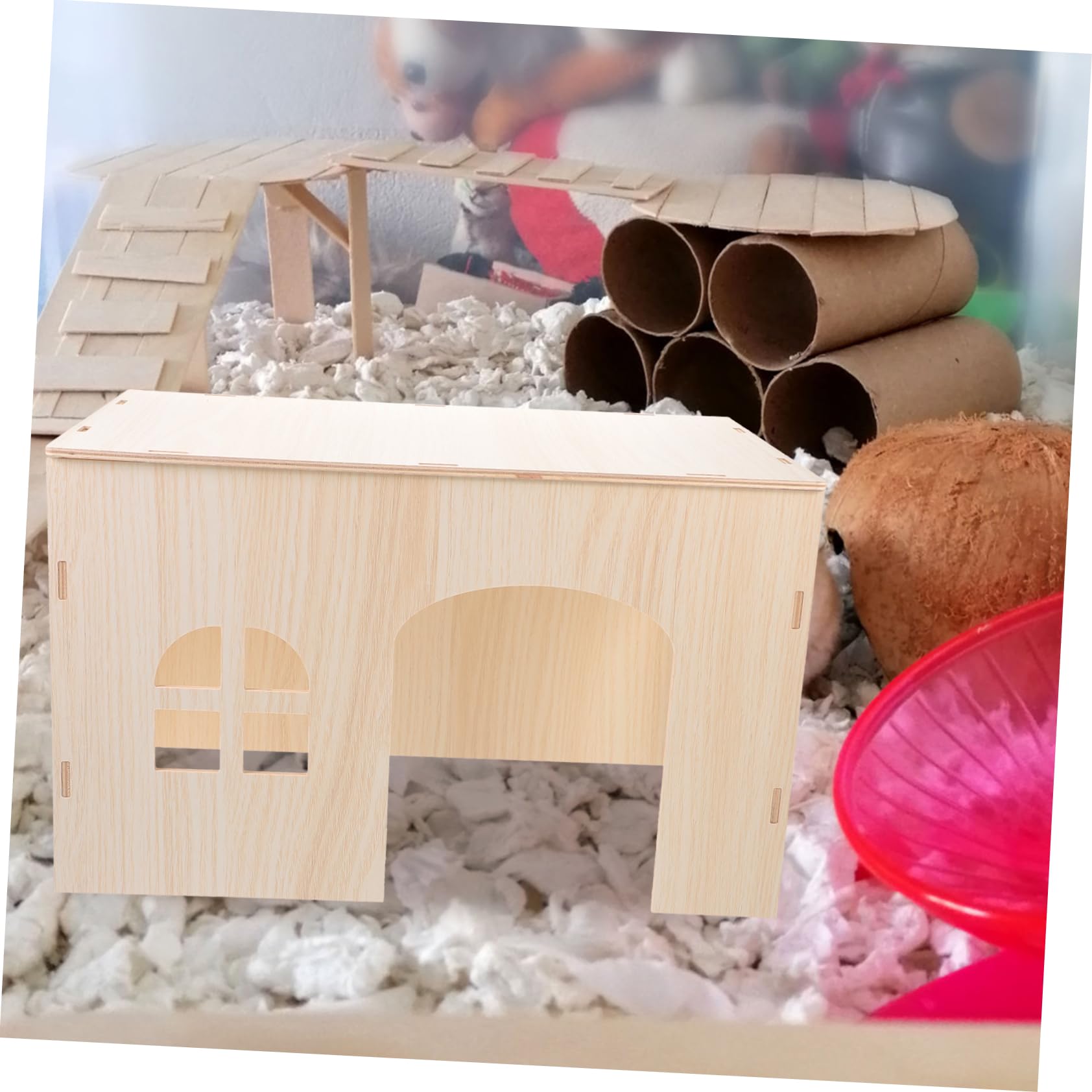 minkissy Casa de Madera Beige para Conejos y Ardillas, Nido Seguro y Cómodo para Mascotas Pequeñas, Zona de Juegos y Escondite Natural para Roedores