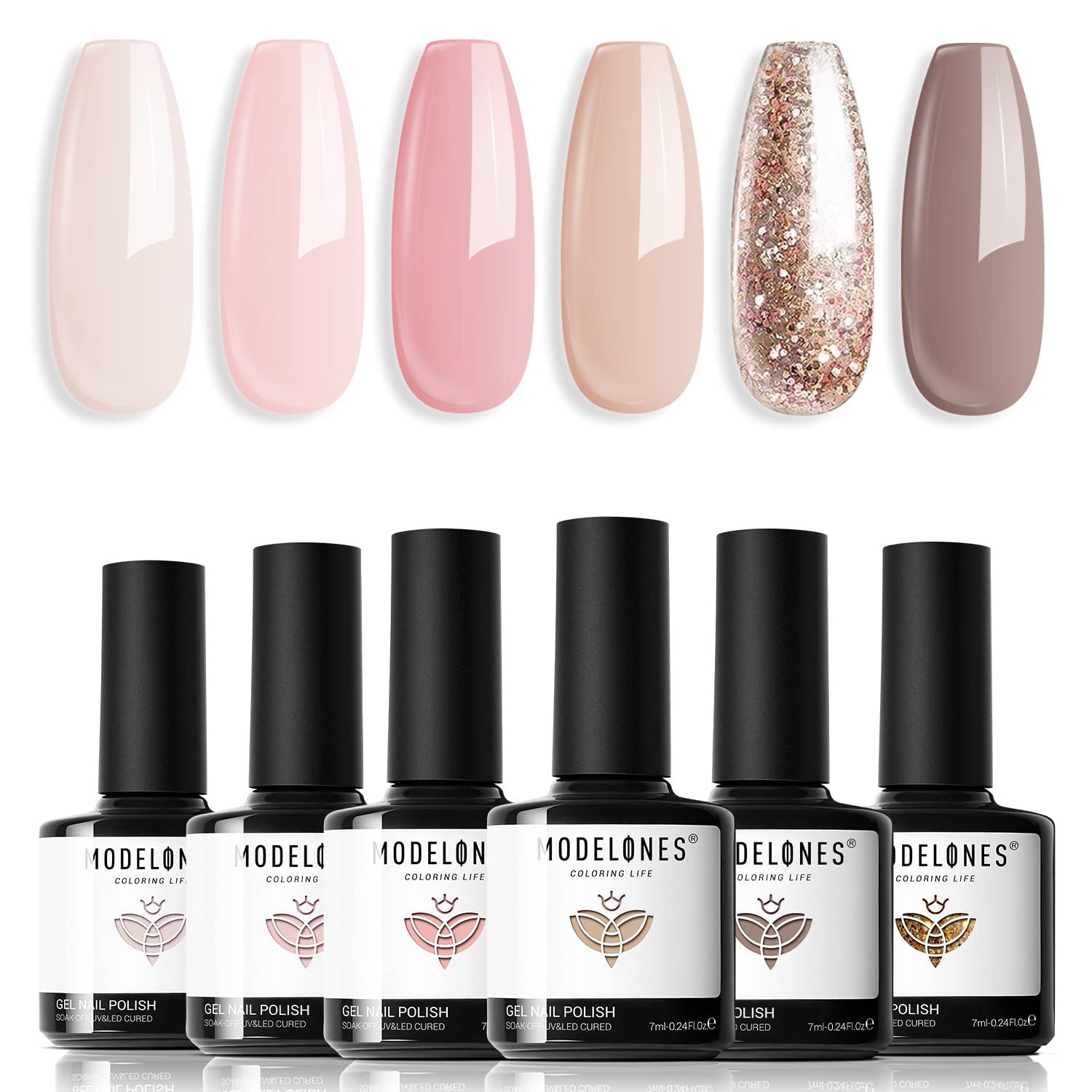 Modelones UV Nagellack, Gel Nagellack 6 Farben Nude Neutral Glitzer, Soak Off Nail Polish French Manicure Weihnachten Feiertagsgeschenk für DIY zu Hause,7 ml