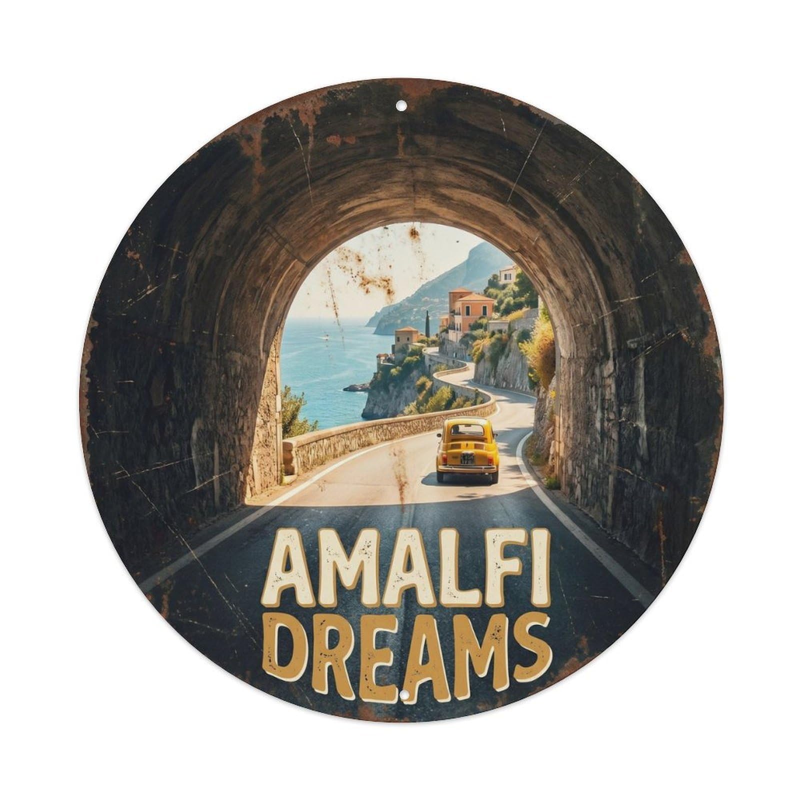 Mediterranean Amalfi Tunnel Road Vintage Destination Metal Tin Sign Plaque Wall Decor for Cafe, Man Cave, Club Bar, Office, Home Garden Round Metal Poster 8x8Inch