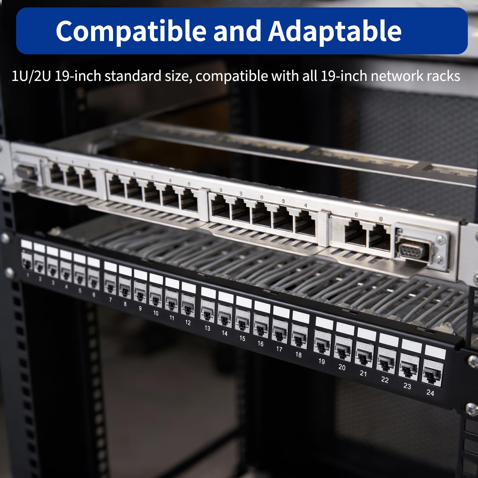 24 Porte CAT7 Pannello Patch, Supporta Larghezza Banda 10 Gbps/600 MHz, 19" Pannello Patch Keystone Schermato con Protezione EMI/RFI per Abitazioni Database Uffici e Data Center