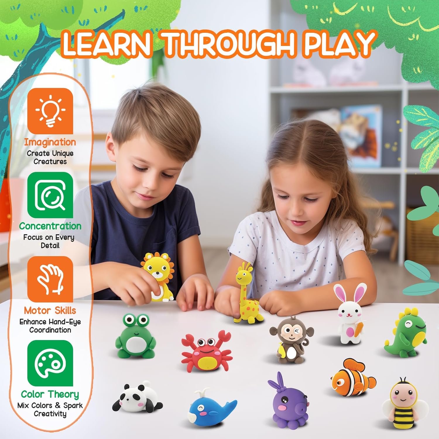 Air Dry Clay for Kids Air Clay Art Kits 12 Box Animals Theme Air Dry Modeling Clay Kit w/Sculpting Tools& Step-by-Step Tutorials,Ultra Soft Non-Sticky,Craft Party Favors Clay Toy Gift for Boys Girls
