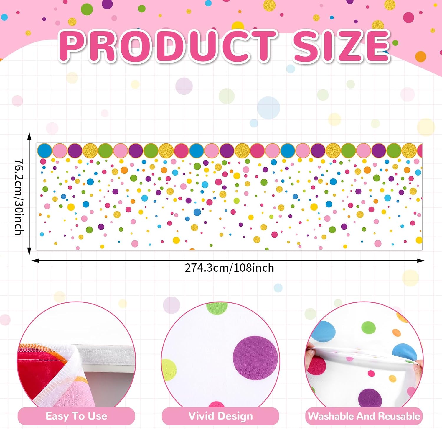 9FT Confetti Polka Dots Table Skirt Teacher Desk Skirt Classroom Table Cover for Back to School Decor Classroom Tables Cloths for First Day of School Supplies Office Bookcase Cabinet Decorations
