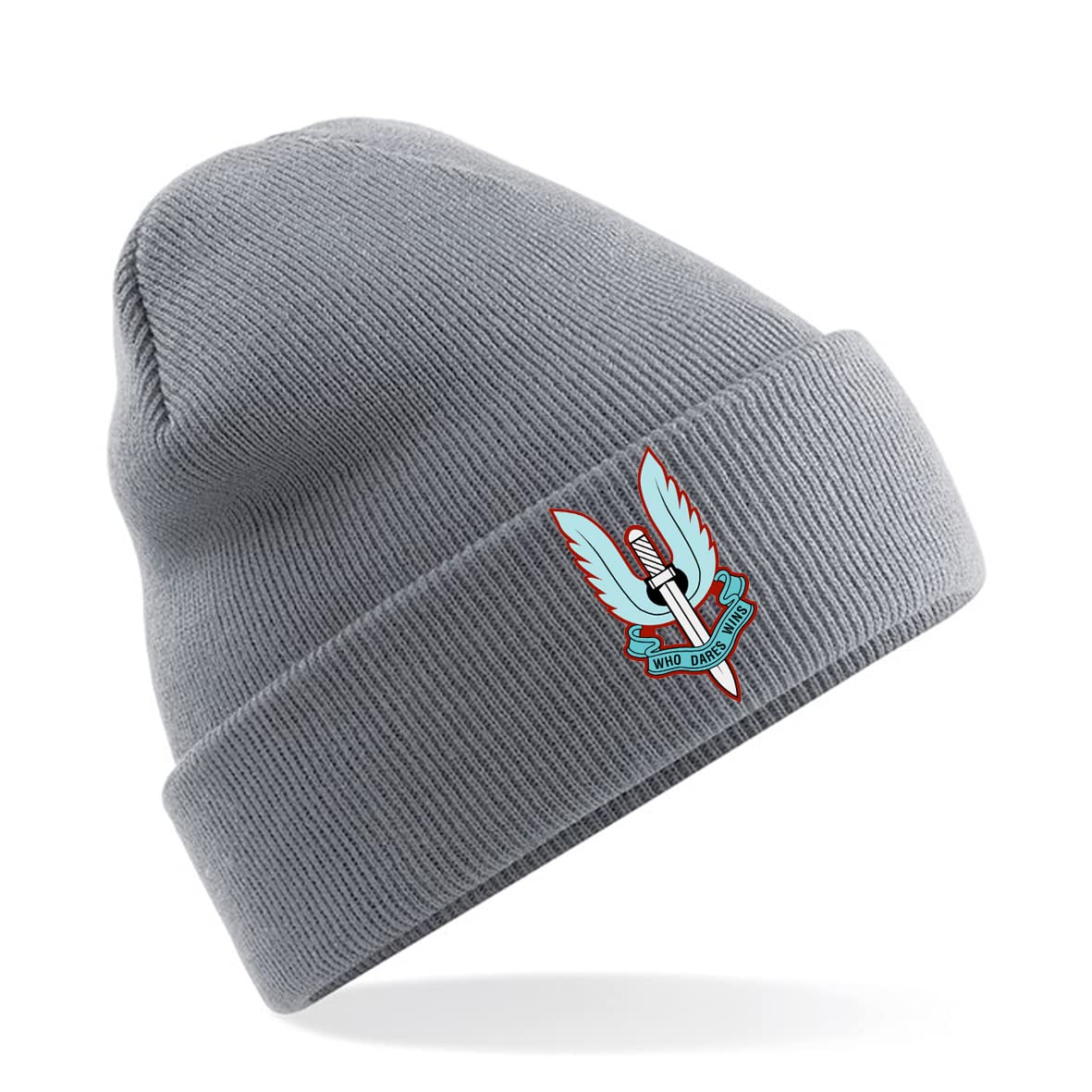 PSave SAS Special Air Service Who Dares Wins Blue Flaming Dagger Insignia Mens Premium Embroidered Beanie Hat, Bob Hat British Army Military (Grey)