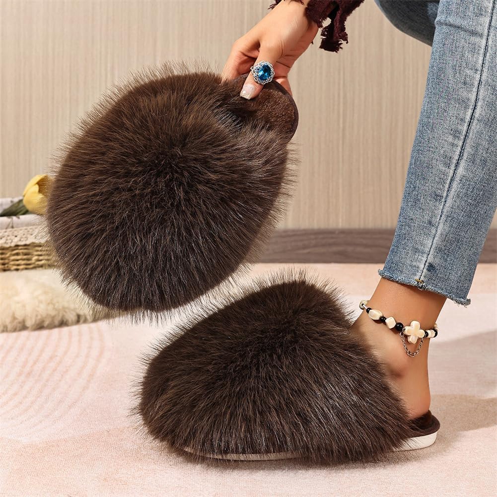 Pocadri Womens Cozy Faux Fur House Slippers Warm Plush Bedroom Slipper Anti-skid Sole Indoor Outdoor Slide Shoes Slip On