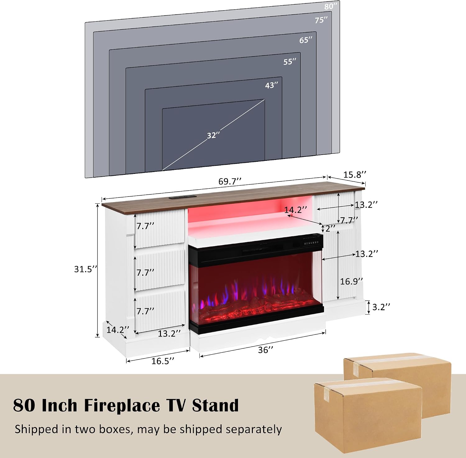 3-Sided Electric Fireplace TV Stand for TVs Up to 80 Inch,Entertainment Center with 36" Electric Fireplace,Media Console with Door Cabinets & Drawers for Living Room,Bedroom