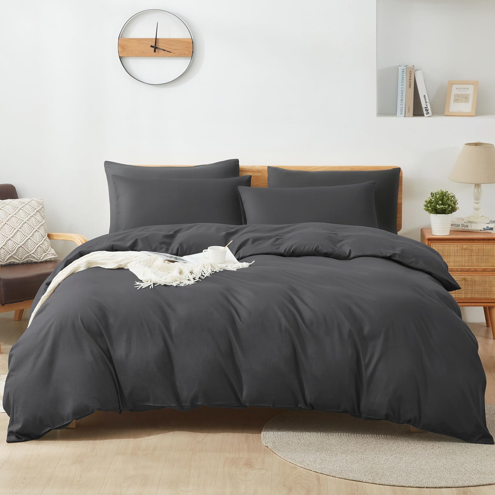 Parure de lit en coton gris pour chambre parentale moderne Sufdari 200x220 cm
