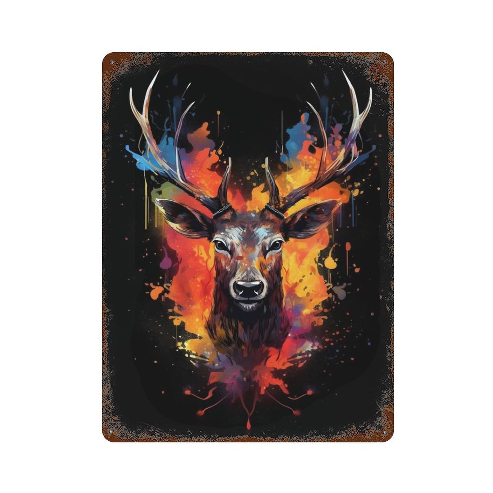 Deer Colorful Dark BG Rustic Tin Plaque 15.7"x11.8", for Living Room, Hallway And Home Decor, Decorative Metal Wall Art