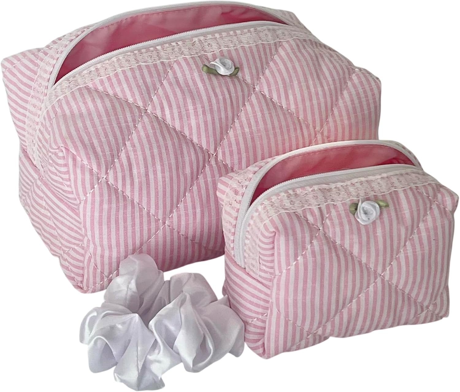 Pink Striped Quilted Makeup Bag Set of 2 with Lace & Rosette + Silk Scrunchie, Cute Cotton Pouch Set, Coquette Pink Makeup Pouch for Purse, Travel Toiletry Bag, Aesthetic Gift Set Women Teen Girls