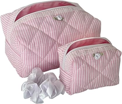 Pink Striped Quilted Makeup Bag Set of 2 with Lace & Rosette + Silk Scrunchie, Cute Cotton Pouch Set, Coquette Pink Makeup Pouch for Purse, Travel Toiletry Bag, Aesthetic Gift Set Women Teen Girls