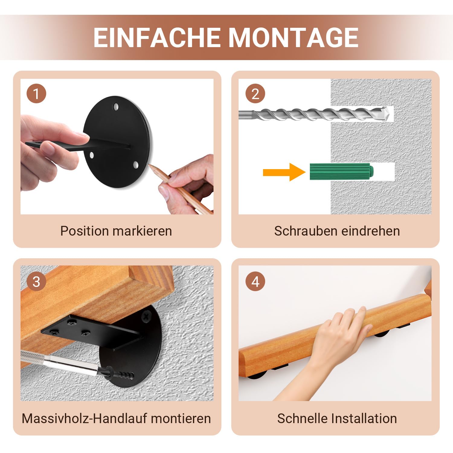 Ikodm Kiefernholz Handlauf Treppengeländer 200cm Geländer für Treppe Treppe Wandhandlauf Wand Treppe seitliche Montage, Inklusive Wandhalterungen, Montagematerial, für Indoor, Halbrunde Wood