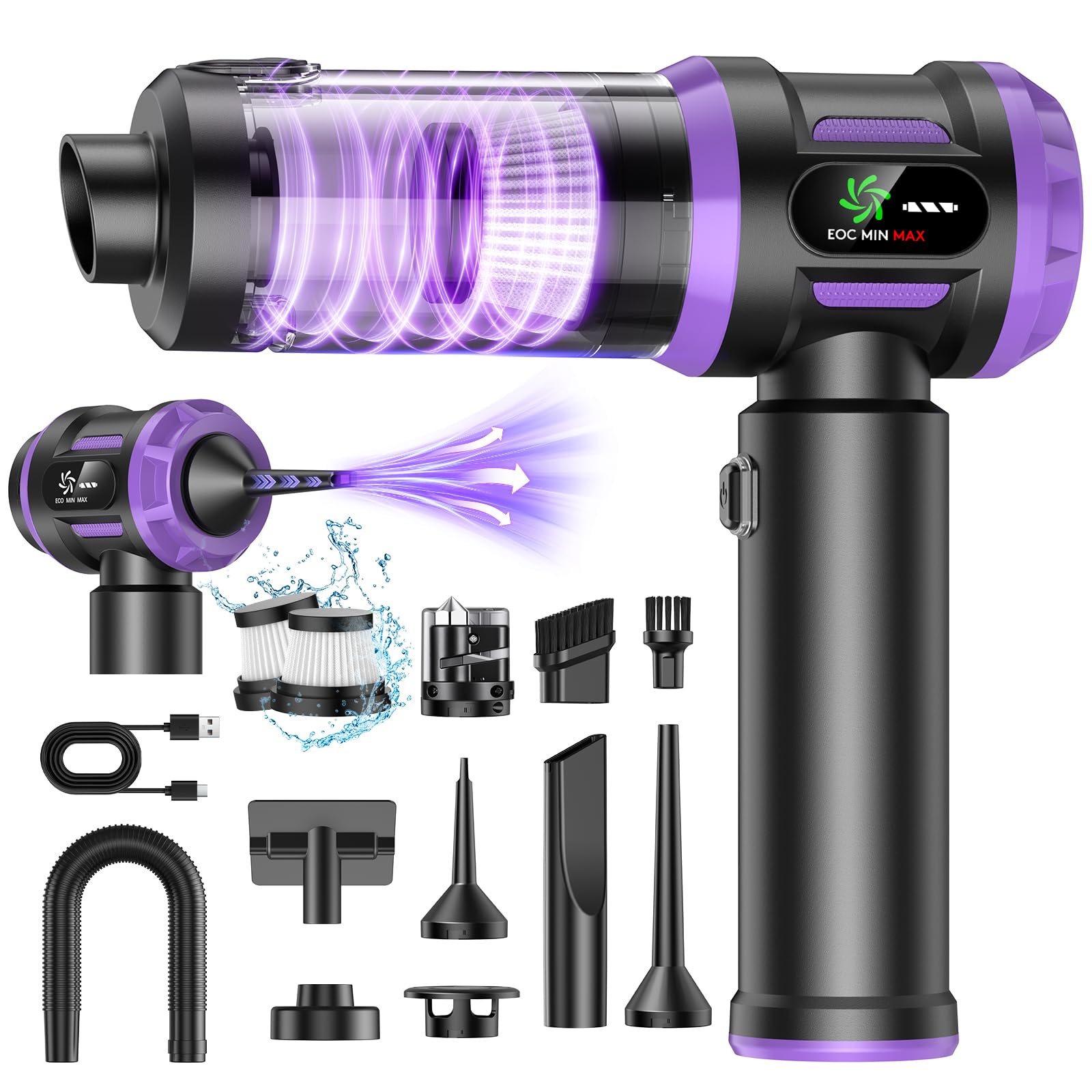 Handstaubsauger Akku 27000Pa mit LED-Display, 5-in-1 Kabelloser Autosauger Stark ,Bürstenloser Motor 220000 RPM,3 Stufen Mini Staubsauger mit HEPA-Filter,12 Zubehör für Auto,PC,Sofa,Tierhaare,Notfall