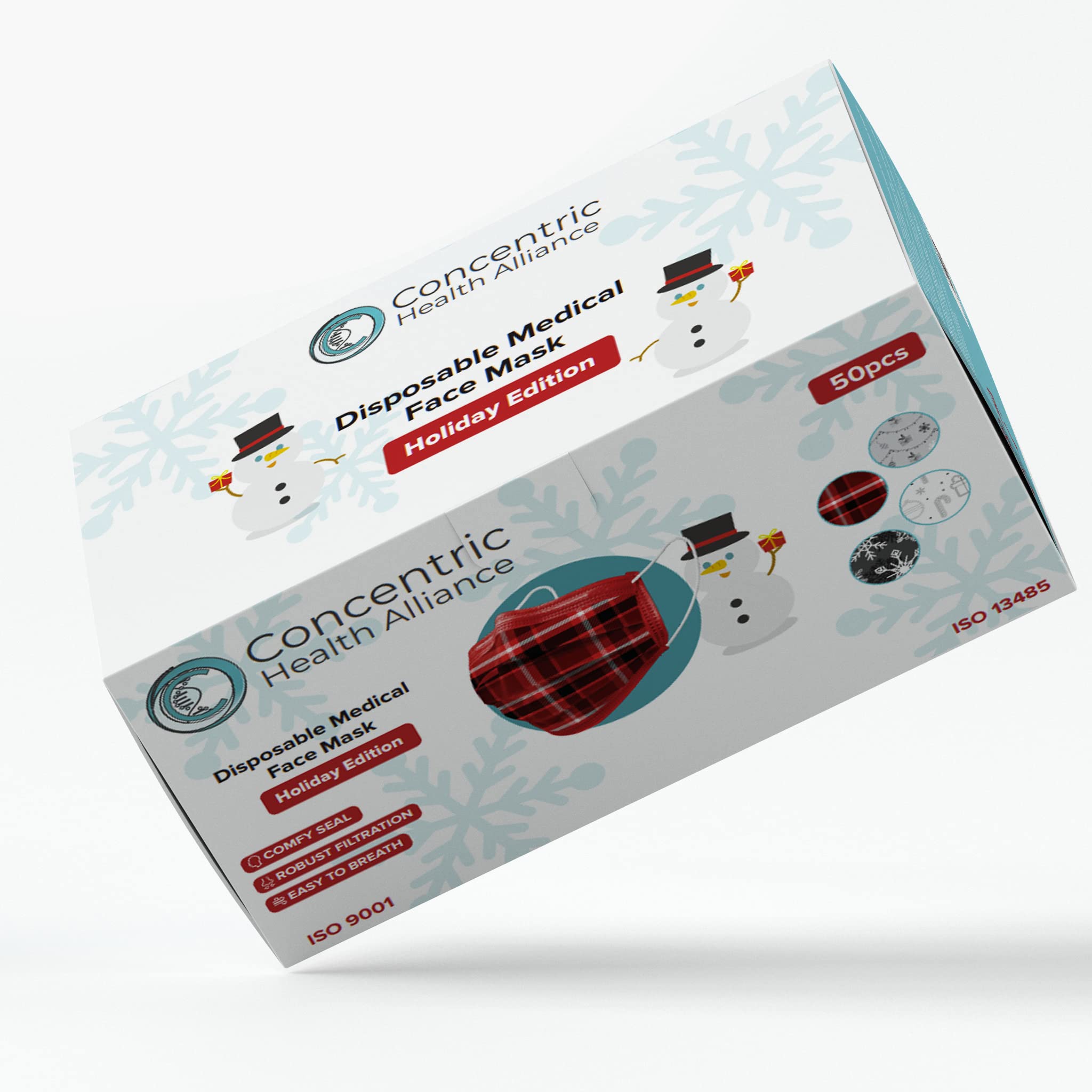 Concentric Health Alliance Winter Disposable Face Masks - 3 Ply Disposable Face Mask, Designer Masks With Earloops & Nose Clip, Plaid Design Facemask 50 Pieces Per Box