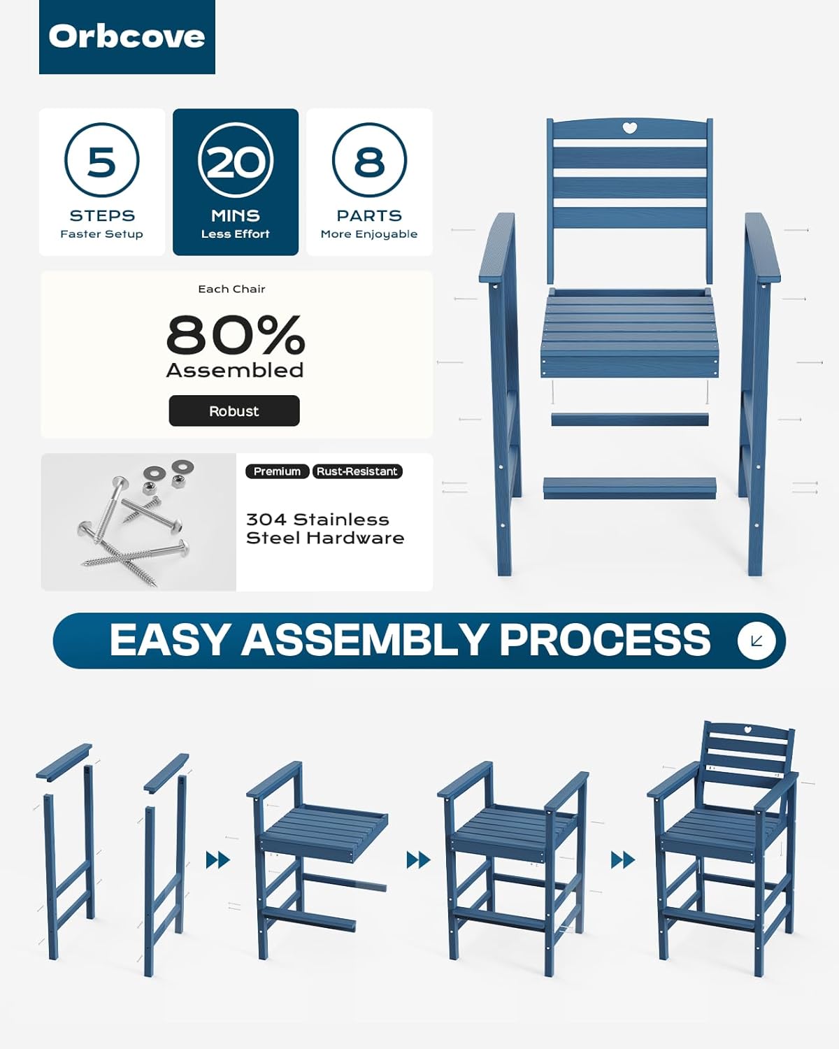 Patio Bar Table,Adirondack Chairs and Table 2 Pieces Set, Bar Height Chairs Set of 2, Outdoor Bar Stools Set,Weather-Resistant Outdoor Furniture for Deck, Balcony, Poolside Easy Assembly