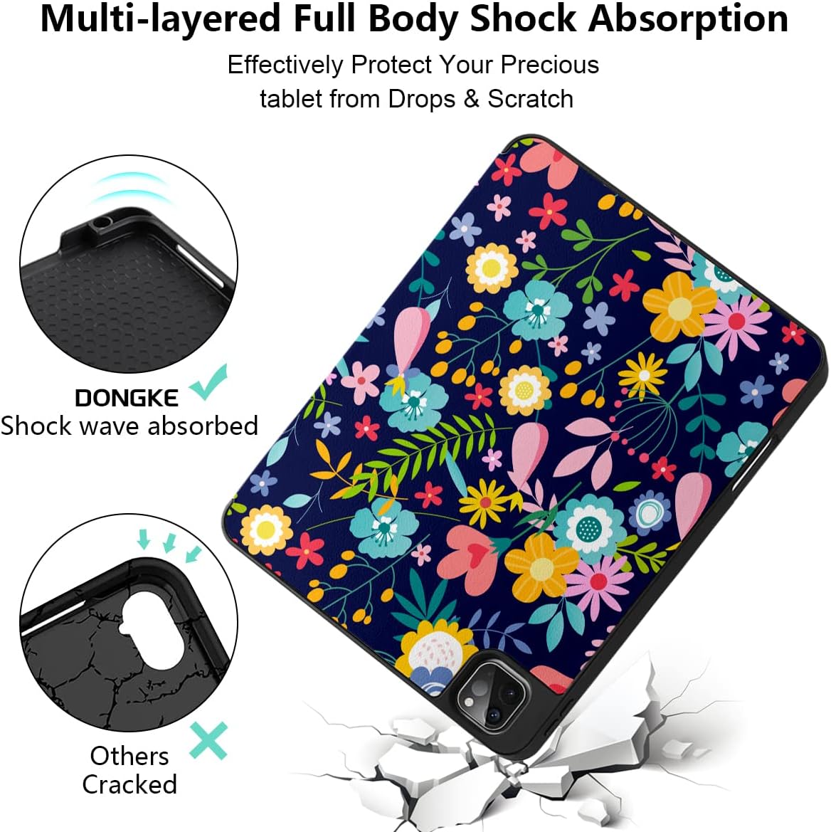 DONGKE Case for iPad Pro 11 inch (4th, 3rd, 2nd & 1st Gen) 2022 2021 2020 2018, Trifold Stand + Pencil Holder + Auto Wake/Sleep + Soft TPU Protective Stand Back Cover, Florals