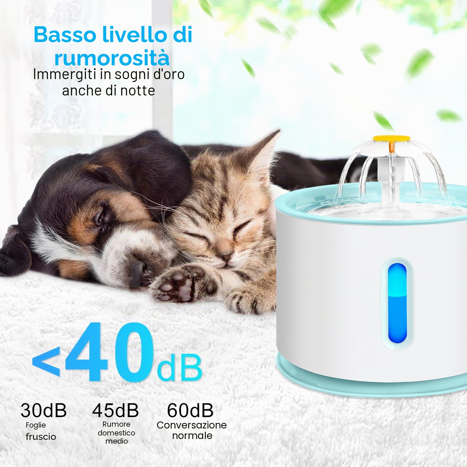AQXONG Fontanella per Gatti da 2.4 Litri Con Quattro Filtri, Fontana per Animali Domestici Ultra Silenziosa con Luce a LED - Sistema di Filtrazione Quadruplo, Tre Modalità di Flusso Dell'acqua