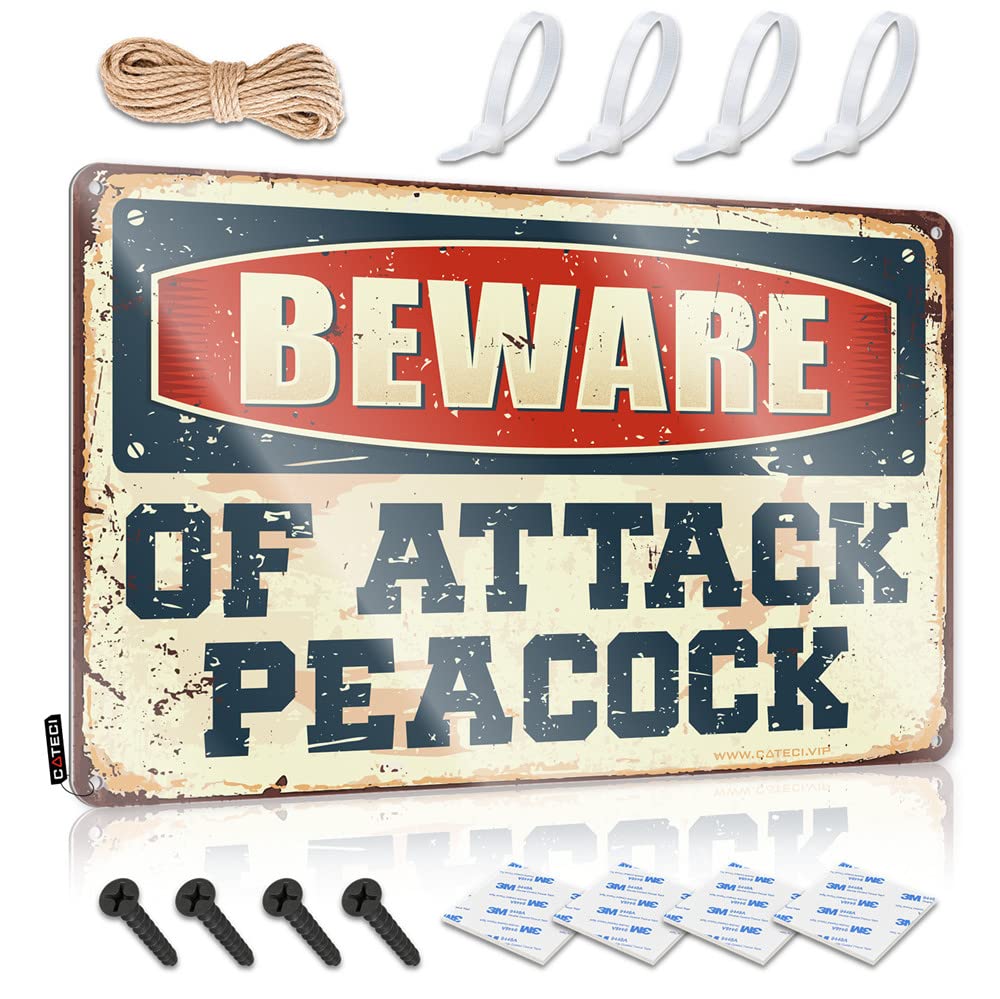 IBWNBBUSN Room Door Sign Beware Of Attack Peacock Sign Tin Metal Bar Signs Backyard Bar Decor(20X30CM)