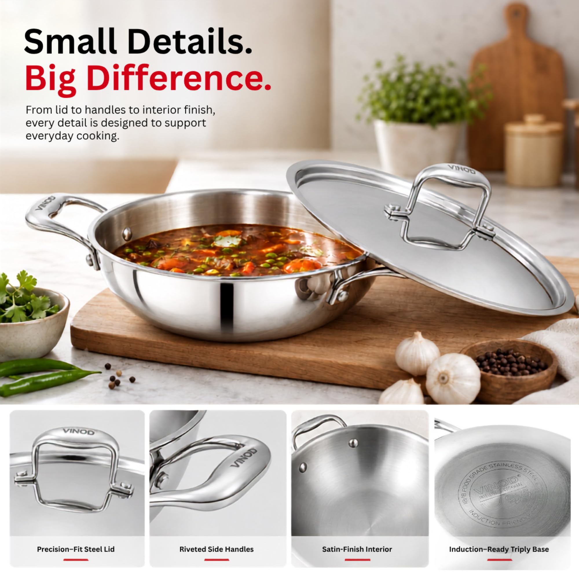 Vinod Stainless Steel Kadai - 28cm with Lid -6 Vinod Stainless Steel Kadai - 28cm with Lid -6