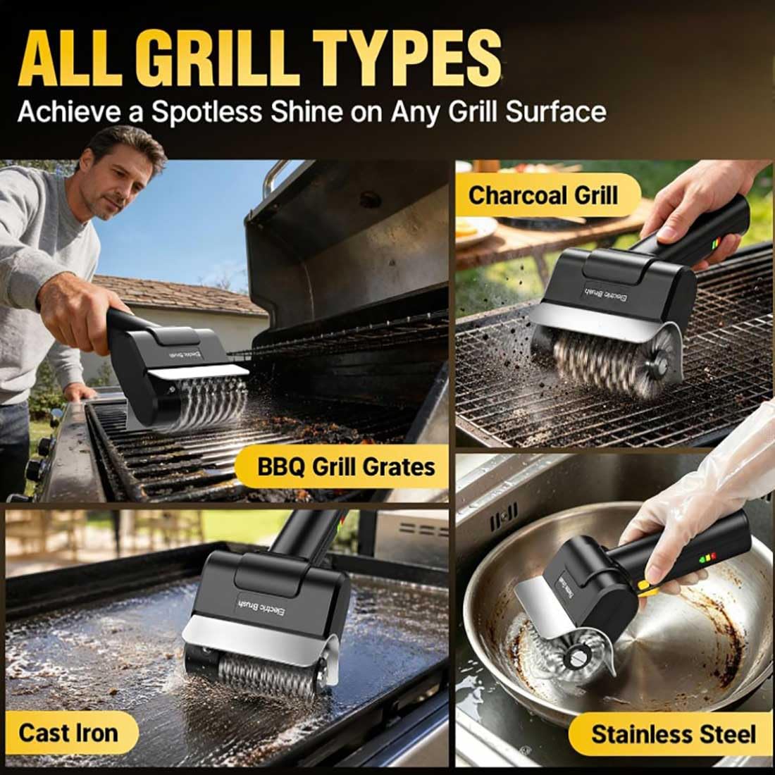 Cepillo Eléctrico para Barbacoa, Limpiador eléctrico Recargable de 1100 RPM, batería de 2000 mAh, Cabezal de Cepillo de Acero Inoxidable, para Parrillas de Gas y carbón.