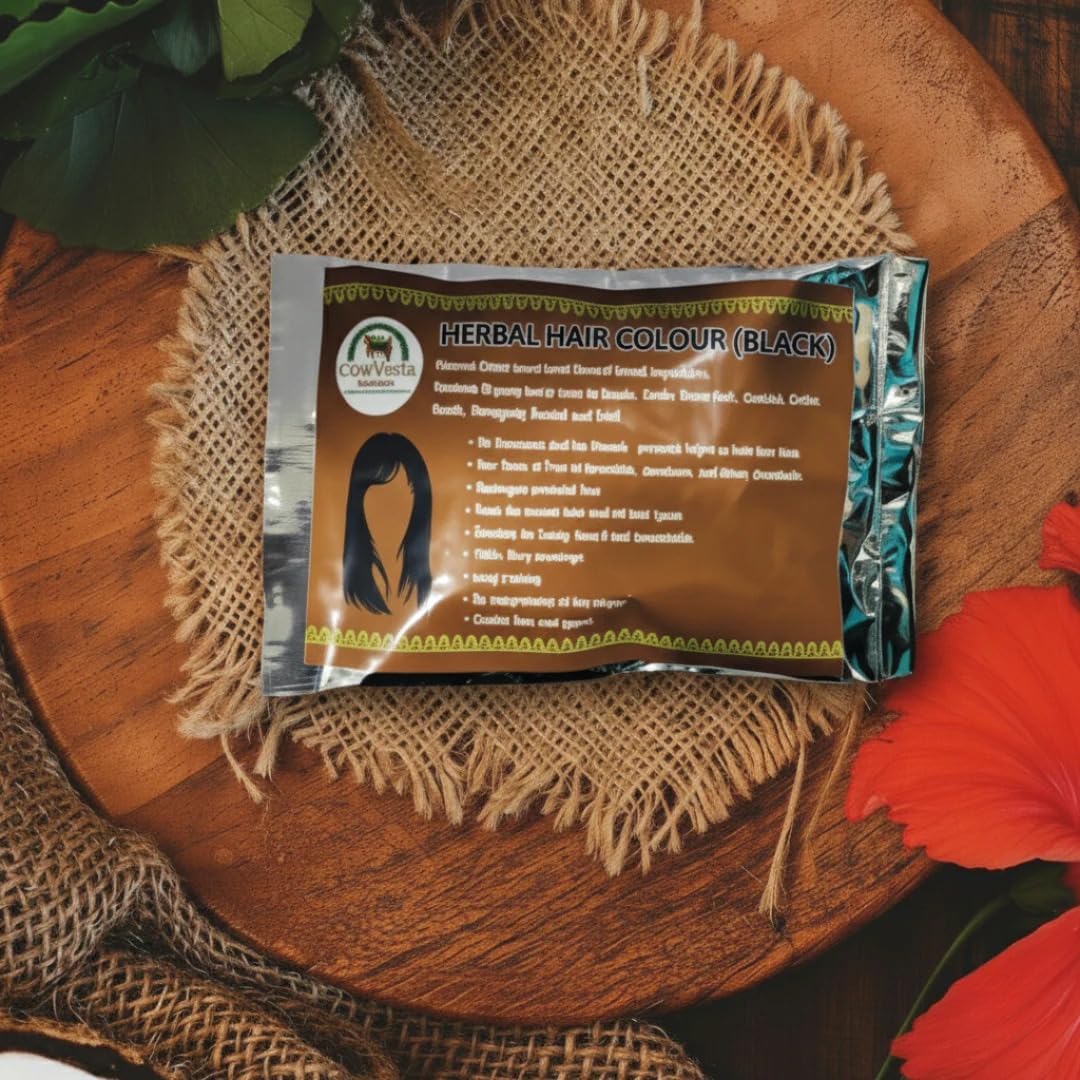 CowVeda Natural Herbal Hair Colour Black, (Pack of 2), Chemical-Free with Henna Amla Bhringraj Brahmi, 100% Grey Coverage, Ammonia-Free Powder for Hair Beard and Moustache-picture-20